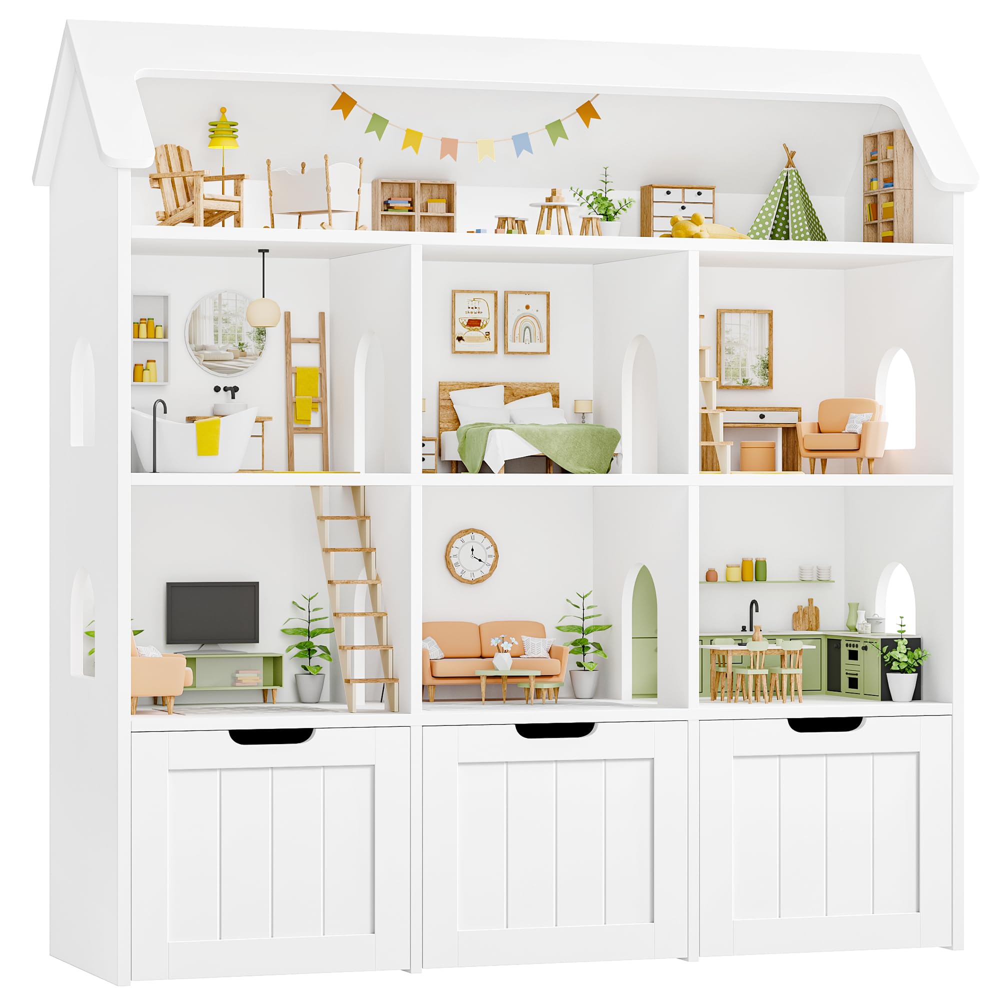 FOREHILL Kinderregal in Hausform, Bücherregal Kinder, Kinderzimmer Möbel | Kinderregal mit 3 Boxen auf Rollen, Kinderschrank Puppenhaus, Regal für Kinderzimmer, Kindergarten, 120x117,5x30cm