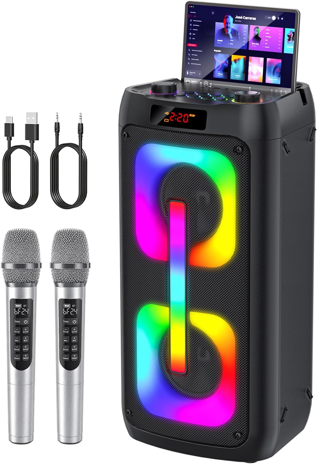 Karaoke Machine with 2 Wireless Mics, Portable PA Speaker with LED Light