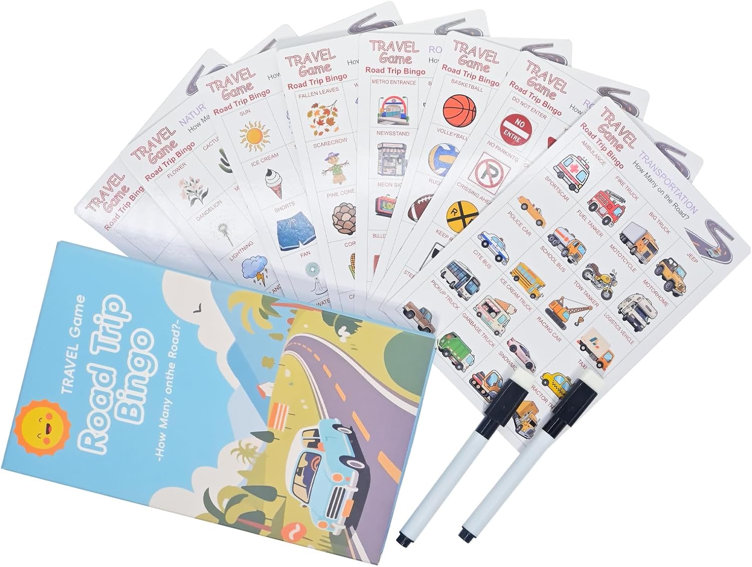 Road Trip Bingo Travel Game for Kids, 8 Double-Sided Cards with 14 Themed Categories, Car Activities