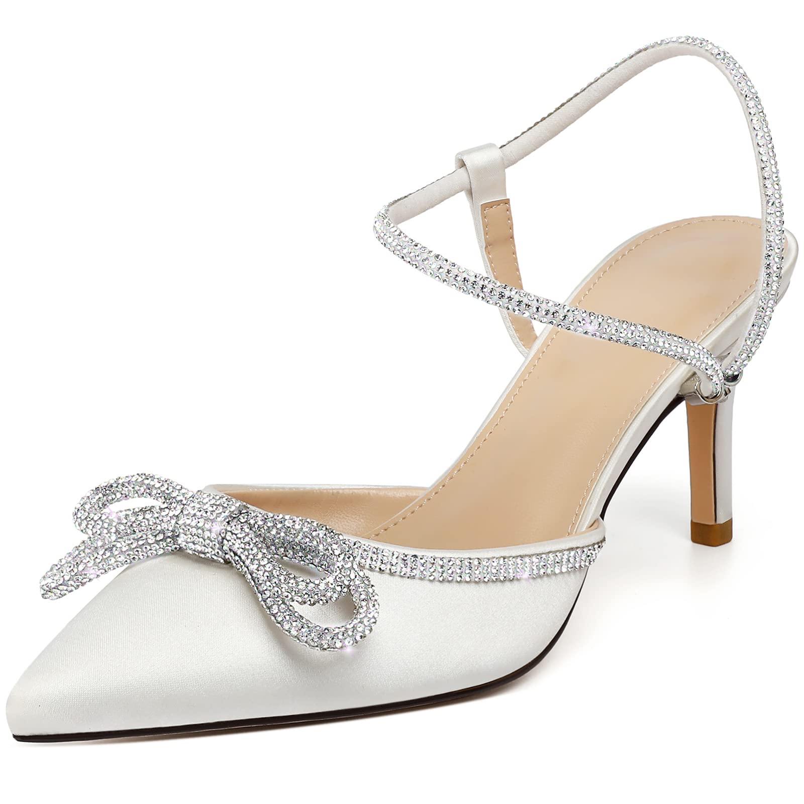 size 8, Susanny Women's Closed Toe Rhinstone Wedding Low Heel Slingback Clear Kitten Heels,Adjustable Strap Pointed Toe Bow Pumps High Heeled Prom Dress Shoes