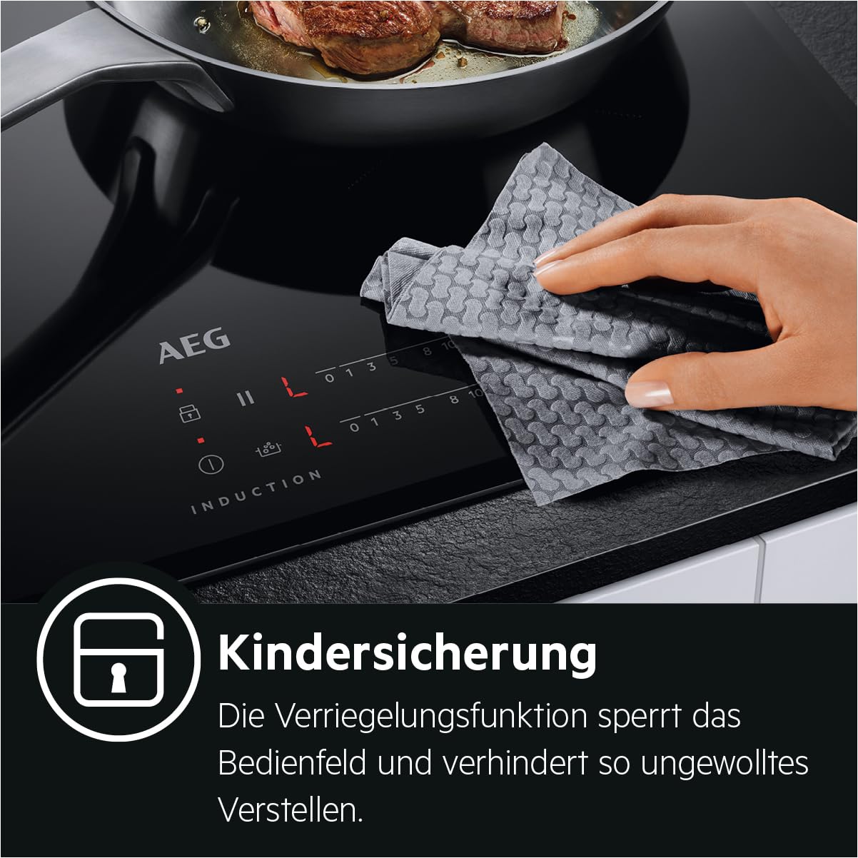 AEG IKB64431XB Autarkes Kochfeld/Induktion/Hob²Hood/Slider-Bedienung / 60 cm/Edelstahlrahmen / 4 Kochzonen/Powerfunktion/Kindersicherung
