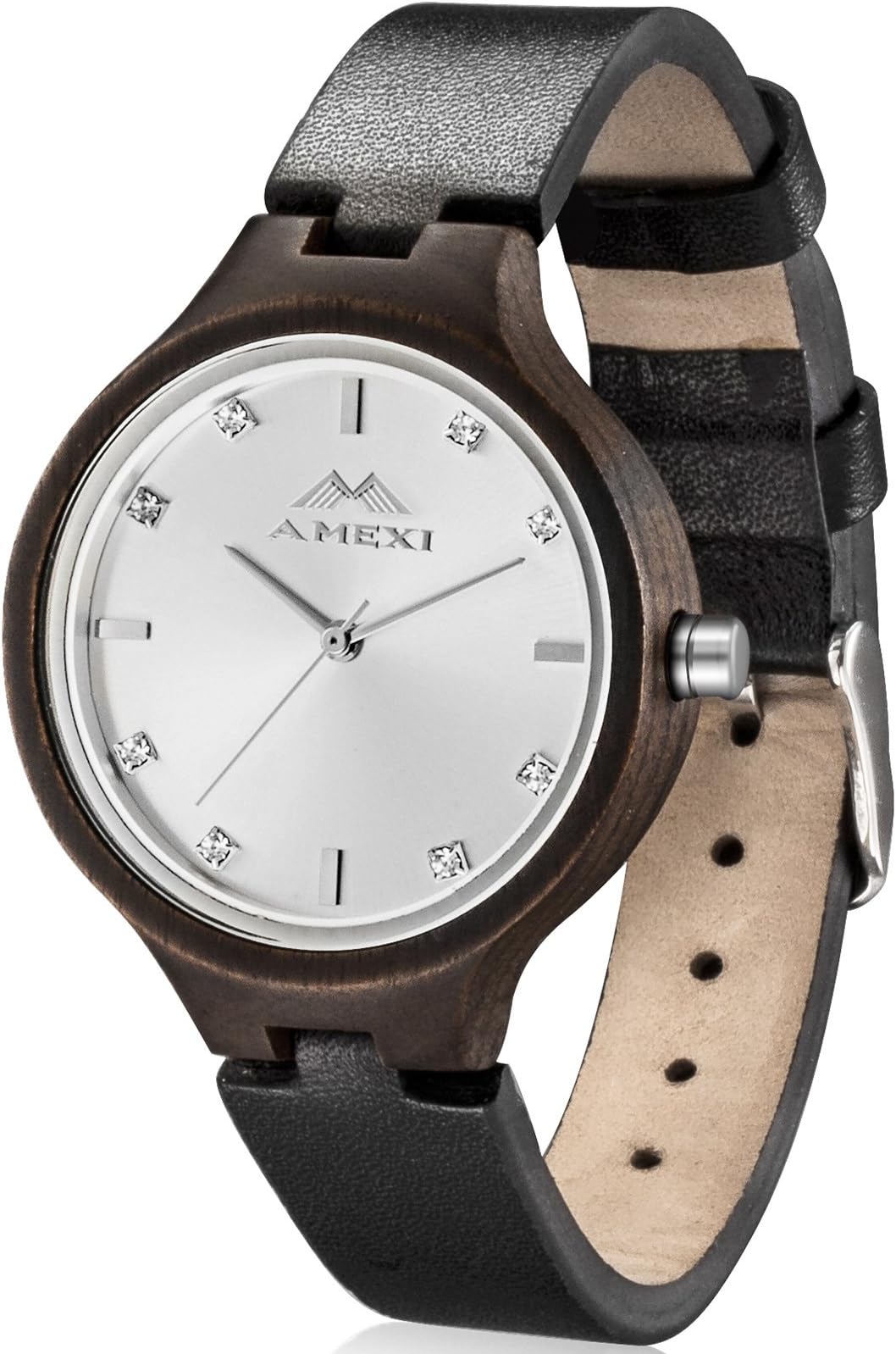 AMEXI Women's Quartz Watches with Soft Genuine Leather Strap Watches for Lady Black Sandalwood Case and Stone Face
