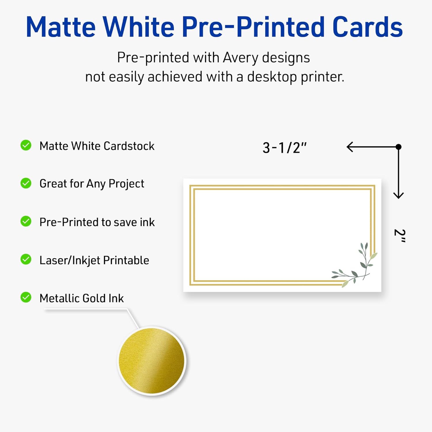 Avery Printable Rectangle Cards, 2" x 3.5", Matte White, Pre-printed Double Gold Border/Florals Design, Sure Feed Technology, Laser & Inkjet Compatible, 160 Total