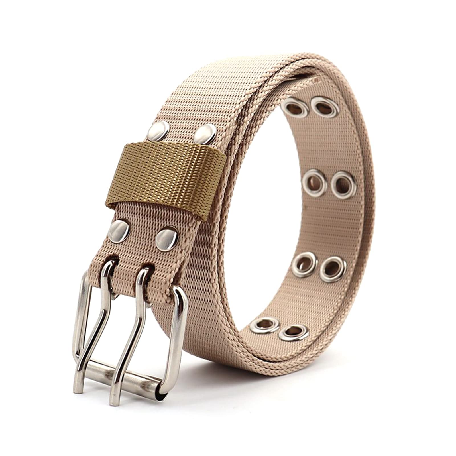Bantopgong Men's Khaki Nylon Braided Belt Wo Belt Double Grommet Hole Buckle Waistband Jeans Waist Belt 3.2 Cm Width, 110Cm