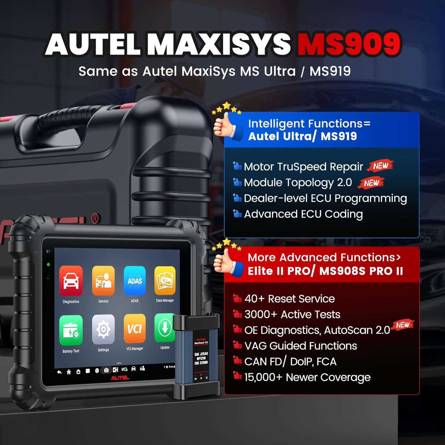 Autel MaxiSYS MS909 Scanner, 2026 Top Intelligent Same as MSUltra MS919 with OE J2534 Functions, Motor TruSpeed, Topology 2.0, Up of Elite 2 Pro, 40+ Service, 3000+ Tests, OE Diagnostics CAN FD DOIP