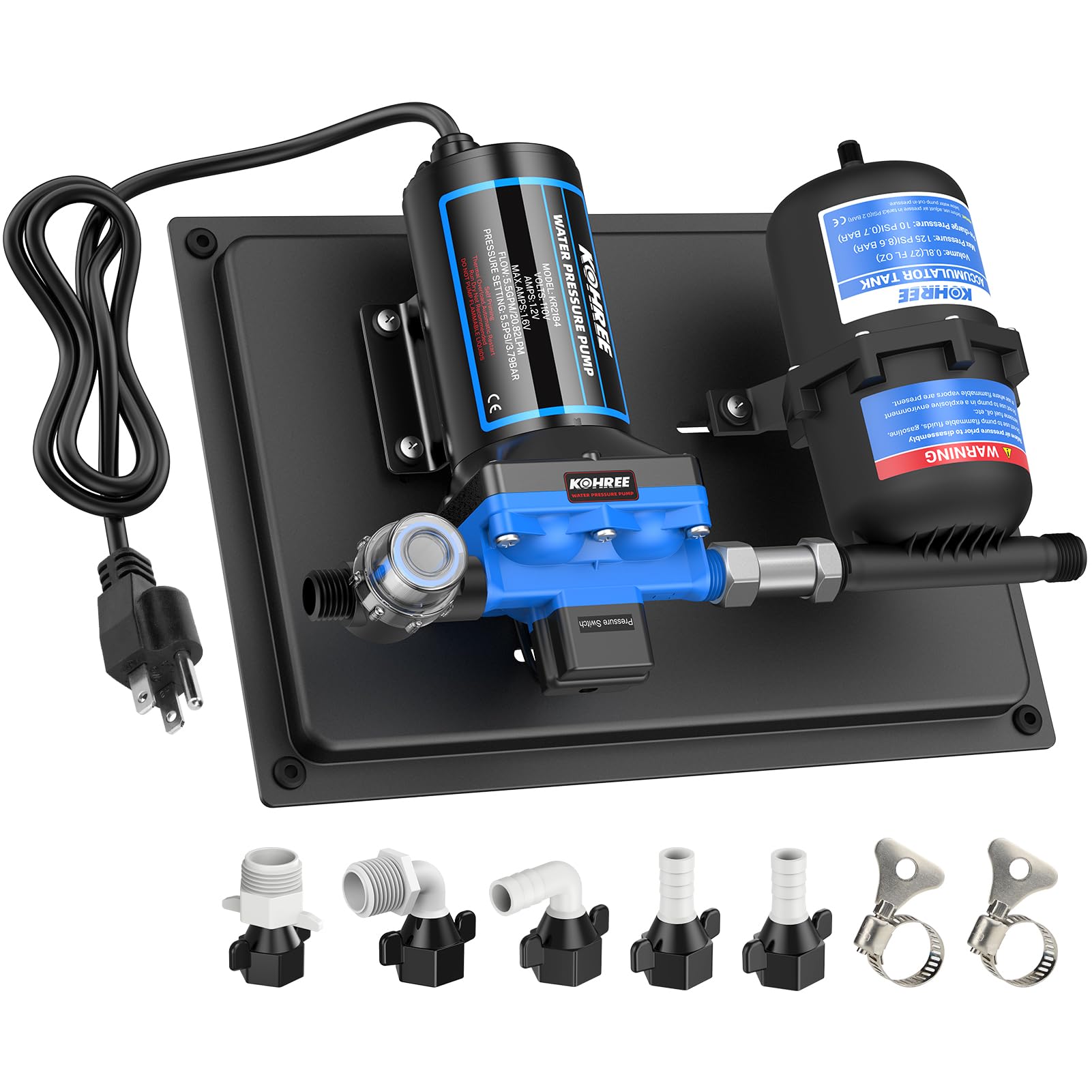 Photo 1 of Kohree RV Water Pump 110V AC 5.5GPM 55PSI and 0.75L 125PSI Pre-Pressurized Accumulator Tank, Quiet Water Transfer Pump and Accumulator Tank System for Home Use, RV, Boat, Kitchen, Bathroom, Irrigation