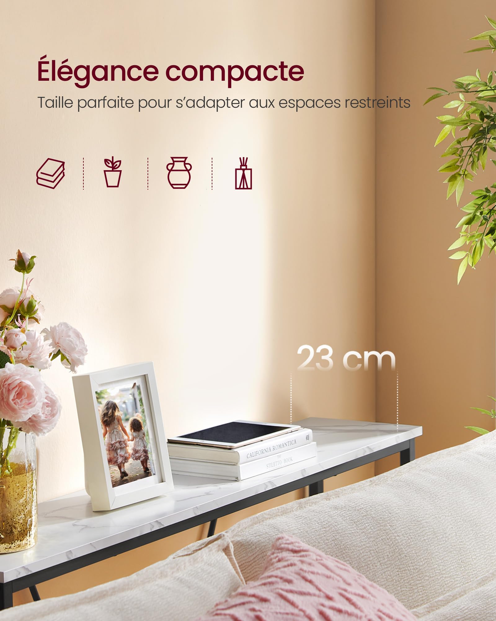 VASAGLE Table Console, Table d’Entrée, Bout de Canapé Fin pour Salon, Table de Couloir, Montage Facile, Blanc Marbré et Noir d'encre LNT020W01