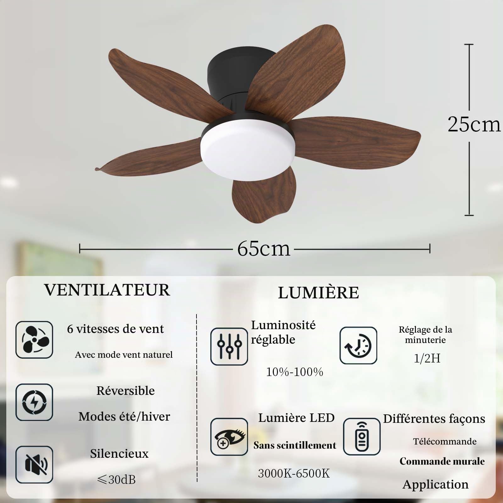 Moderne Petit Lustre Ventilateur De Plafond LED Avec Telecommande APP, 6 Vitesses Moteur DC Réversible Eté Hiver 3 Pales Ventilateur Silencieux Plafond Pour Chambre/Salon-Brown Wood Grain