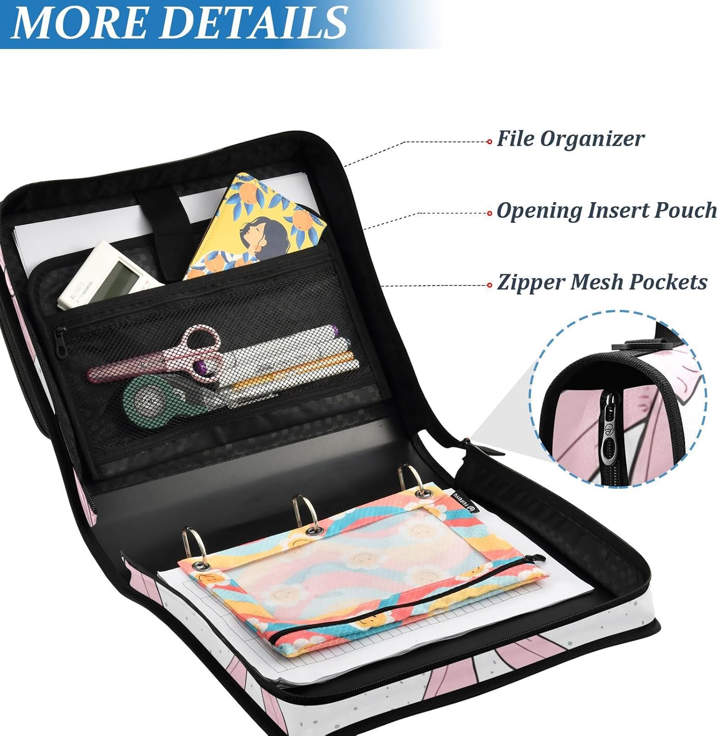 Pink Bows Waterproof Zipper Binder with Shoulder Strap, 3-Ring Trapper Keeper with Lay-Flat Design and Multiple Compartments for School & Office, Adults & Kids