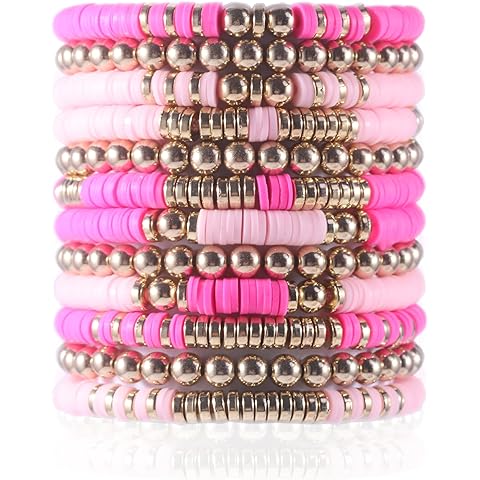 PIPITREE 12pc Surfer Heishi Clay Bead Bracelets for Women, Bohemian Stackable Gold Beaded Bracelets, Elastic Layering Friendship Bracelets Boho Jewelry