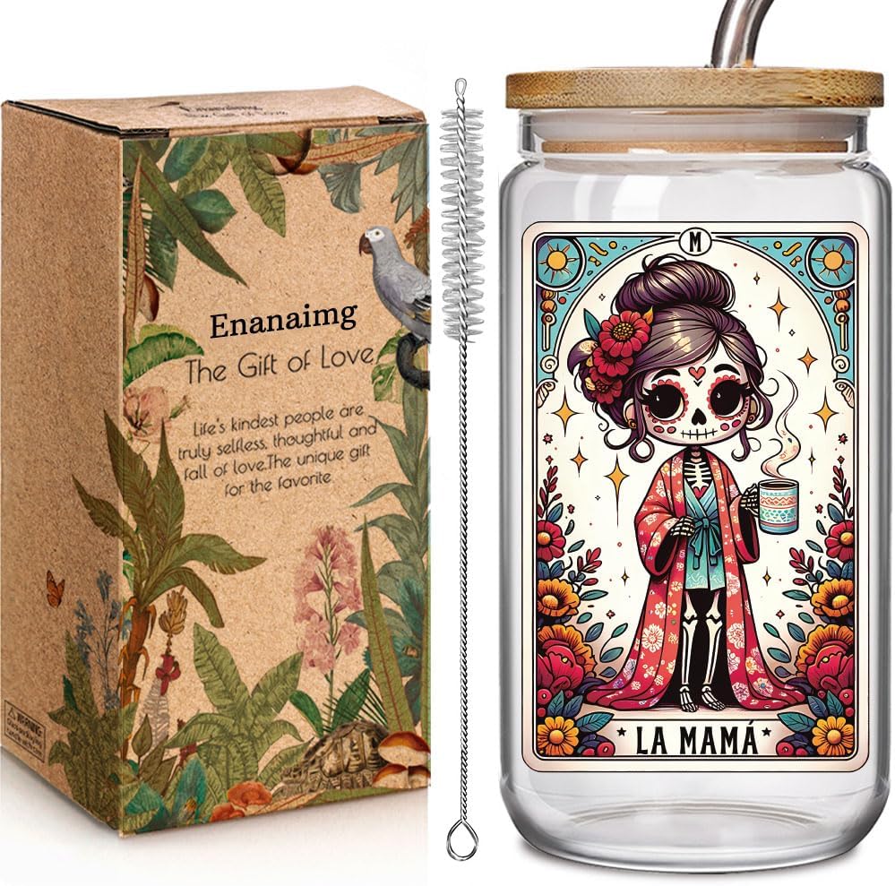 Mexico Mama 16oz Glass Cup with Lid and Straw Gifts for Mom Women, Cute Aesthetic Iced Coffee Cup Smoothie Tumbler Gift for Mothers Day New Mom to be Birthday Presents for Women