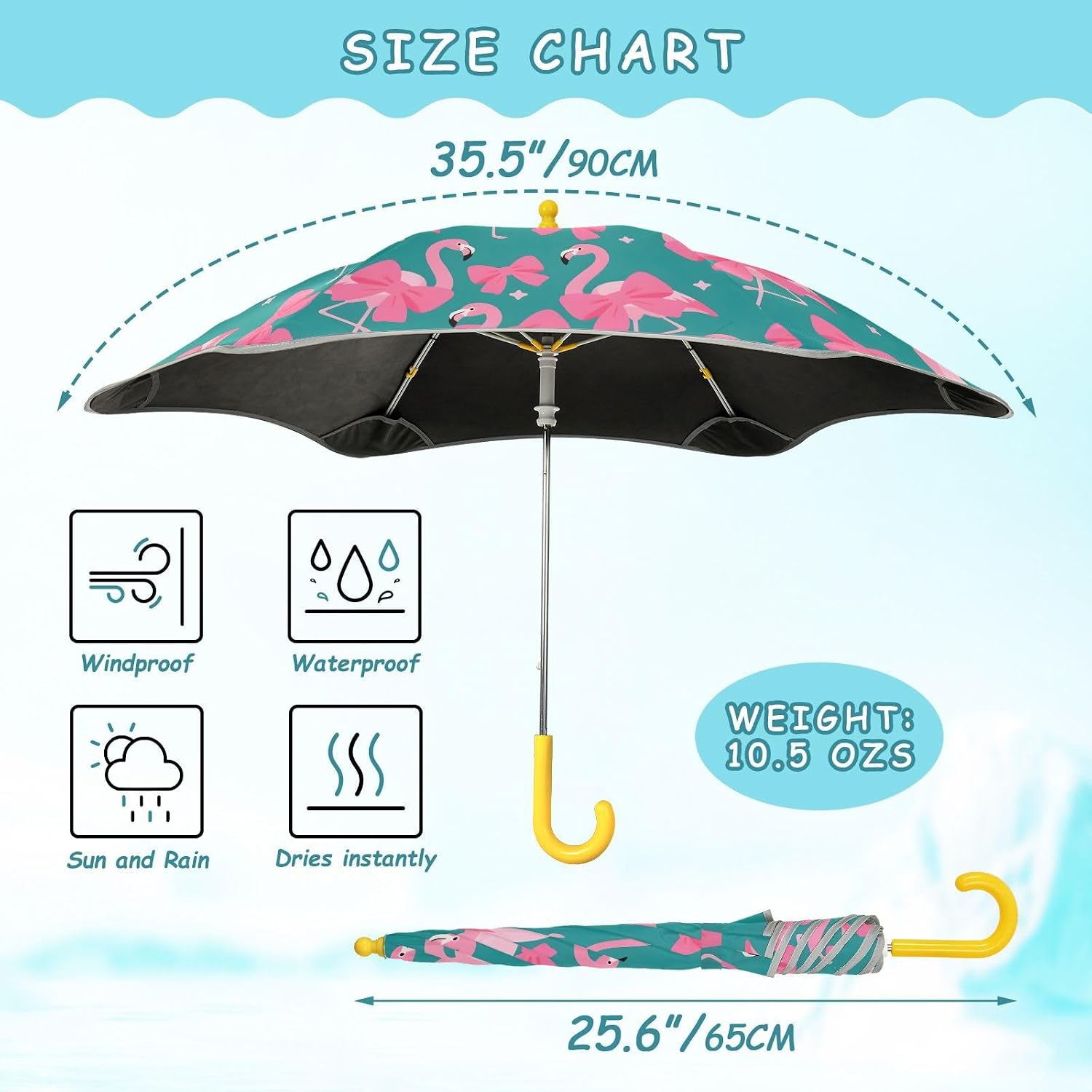 Kids Umbrella Flamingo Pink Bow Pattern Windproof Folding Stick Umbrellas for rain Toddler Cute Umbrella for girls & boys