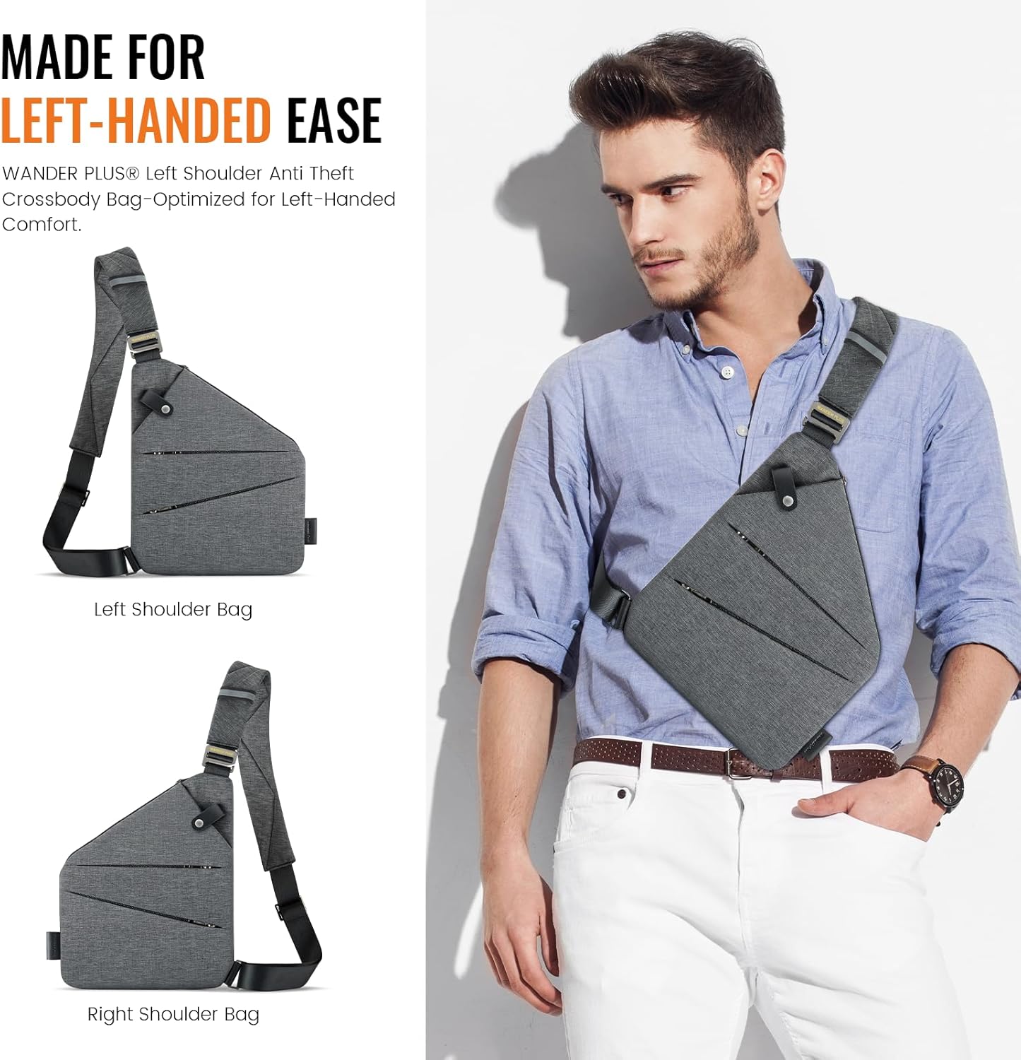 WANDER PLUS® Left Shoulder Anti Theft Crossbody Travel Bag for Women Men, Slim Sling Bag with Adjustable Strap - Image 3