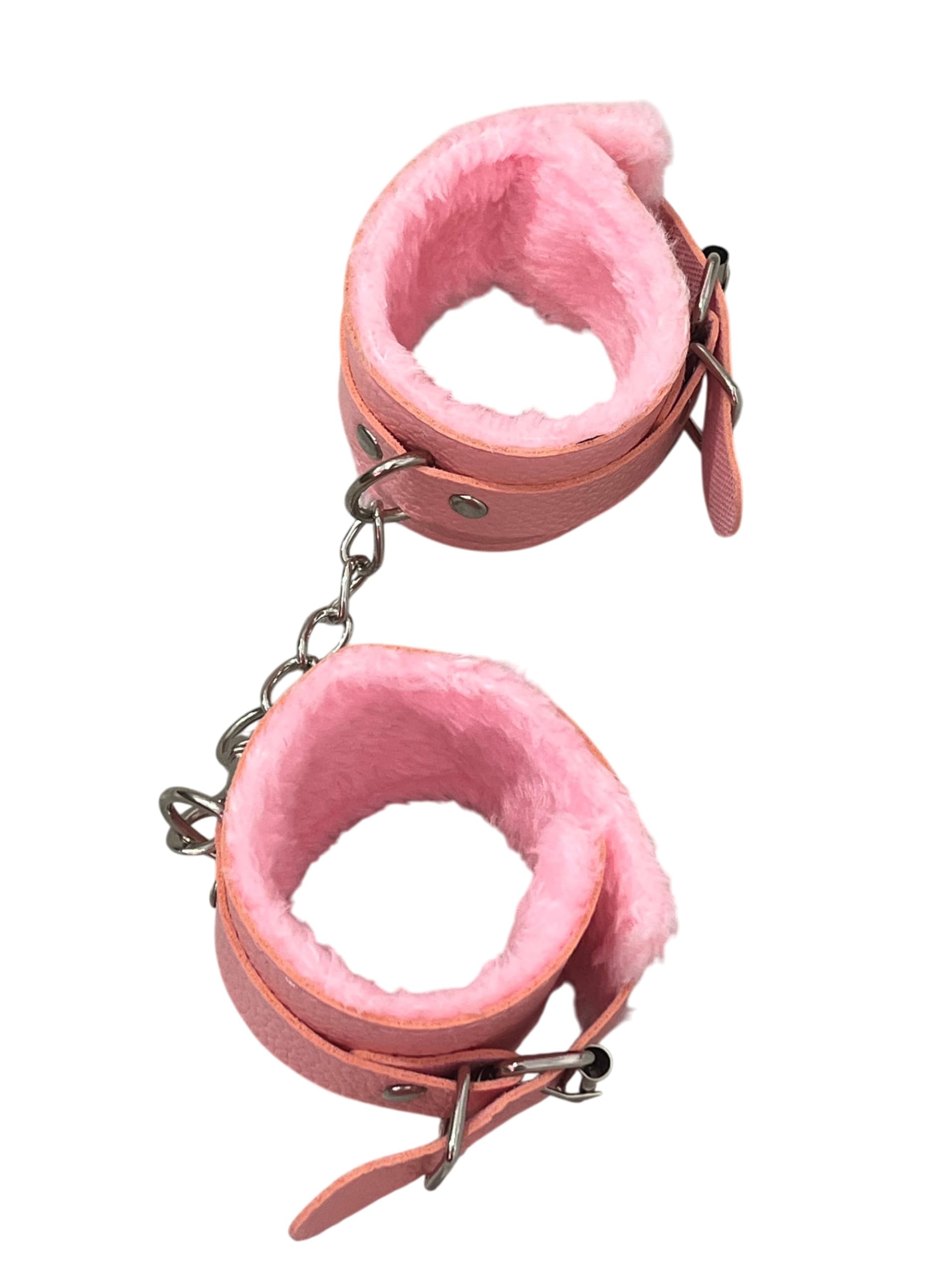 Manette in Pelle con Peluche Rosa e Moschettone - Polsiere in Ecopelle - Manette Pelose Finte Giocattolo