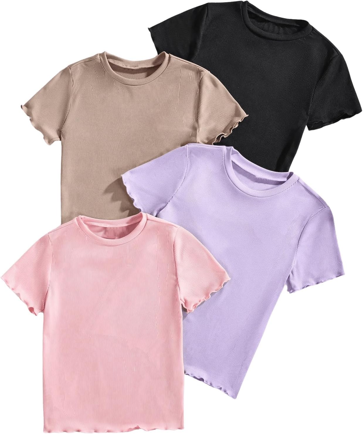 SweatyRocks Girl's 4 Pack Lettuce Trim T Shirt Ribbed Knit Short Sleeve Crew Neck Solid Tee Tops