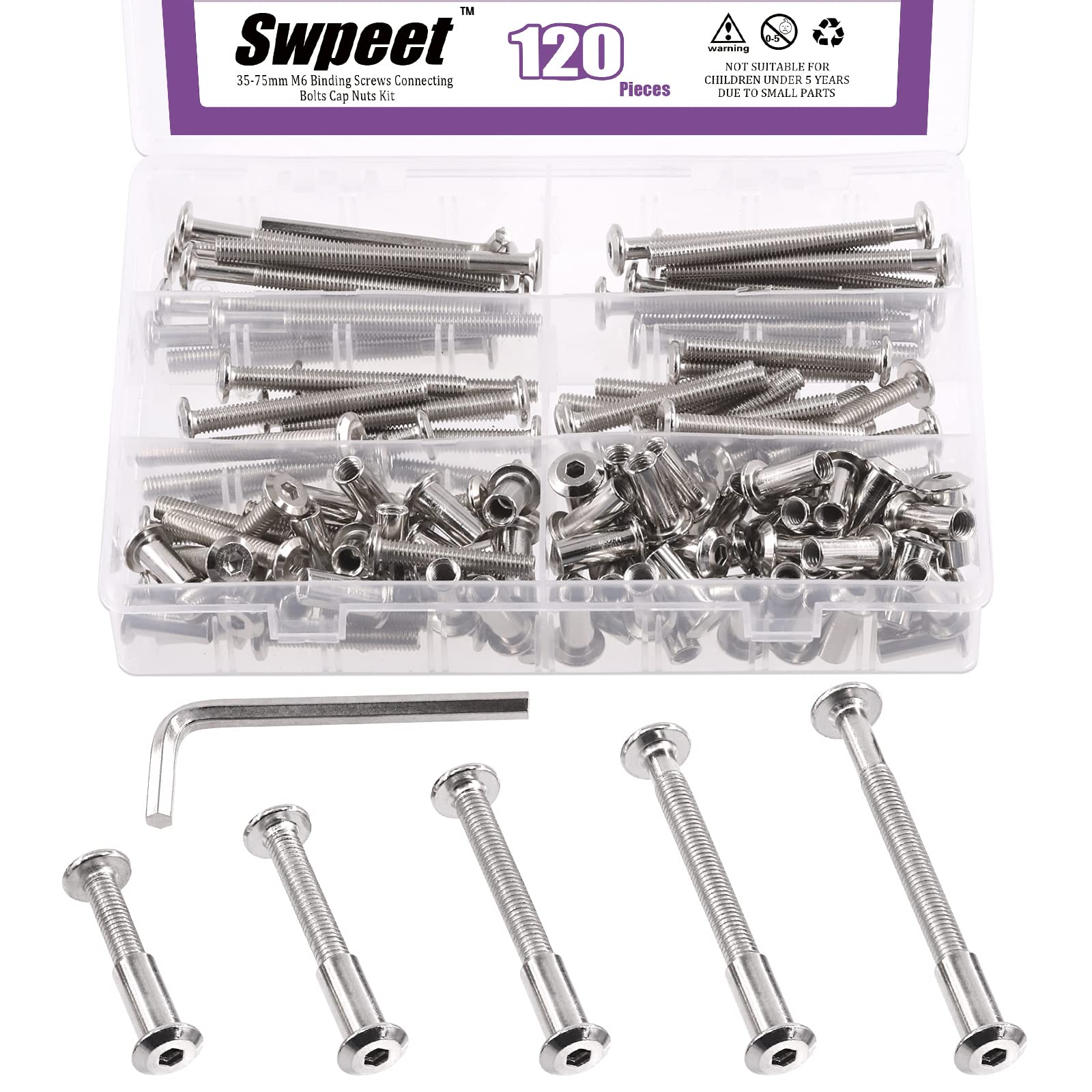 Swpeet 120Pcs M6x35mm/45mm/55mm/65mm/75mm Nickel Plated Sliver Hex Drive Socket Cap Bolts Barrel Nuts Kit with 1Pcs Allen Wrench, Screw Post Fit for Furniture Countsunk Belt Leather Binding Bolts