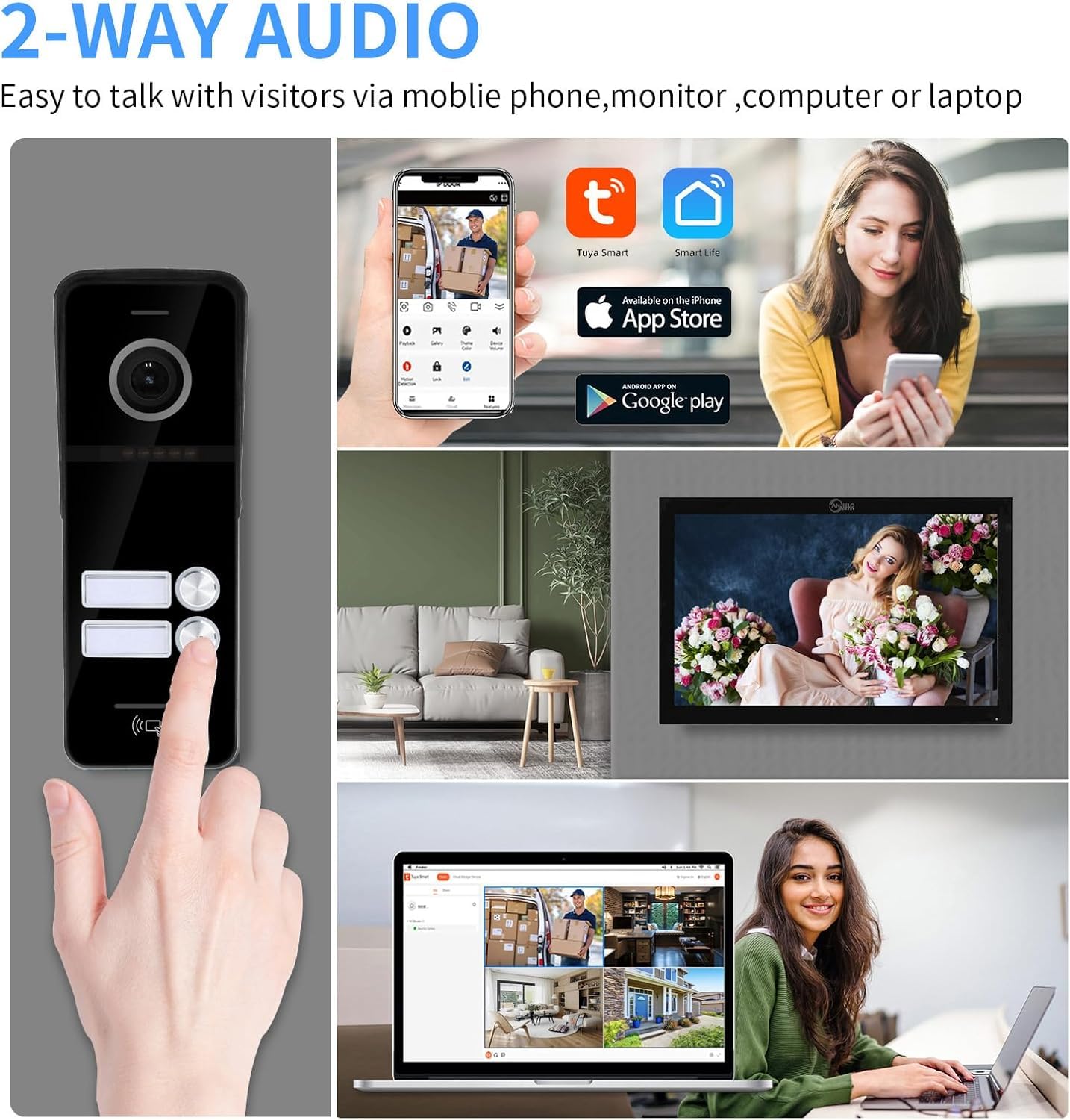 Sistema de intercomunicación de video inalámbrico y con cable, 2 unidades de monitor táctil de 10 pulgadas, timbre de video WiFi, desbloqueo 3 en 1, audio de doble vía