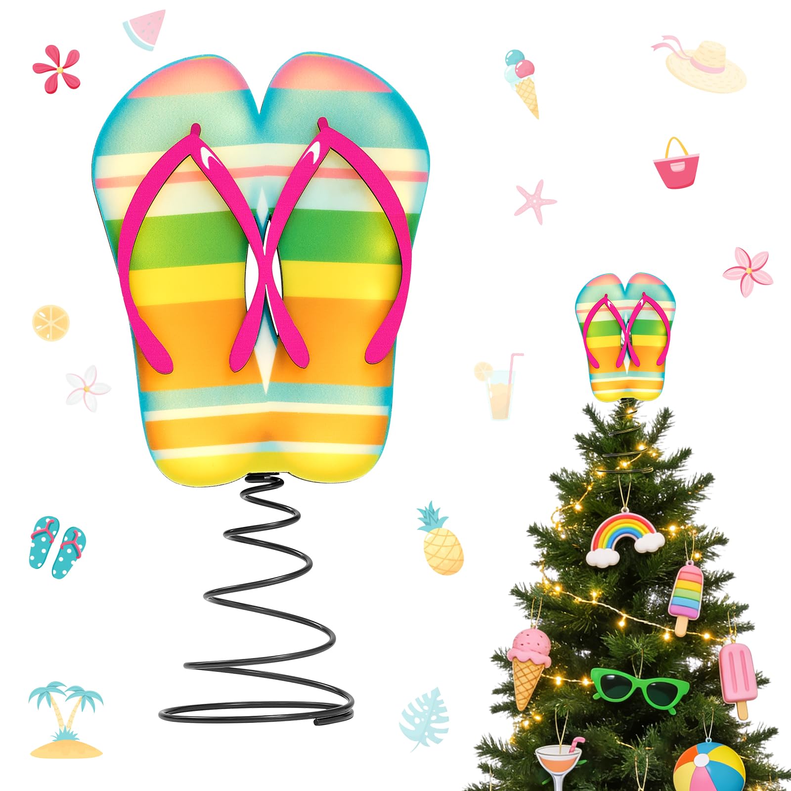 Photo 1 of APUDWN 10 x 5.2 Inch Wood Summer Tree Topper with LED Lights, Flip Flop Tree Decorations for Christmas in July Luau Beach Theme Hawaiian Party Battery Powered Tropical Sandal Holiday Decor