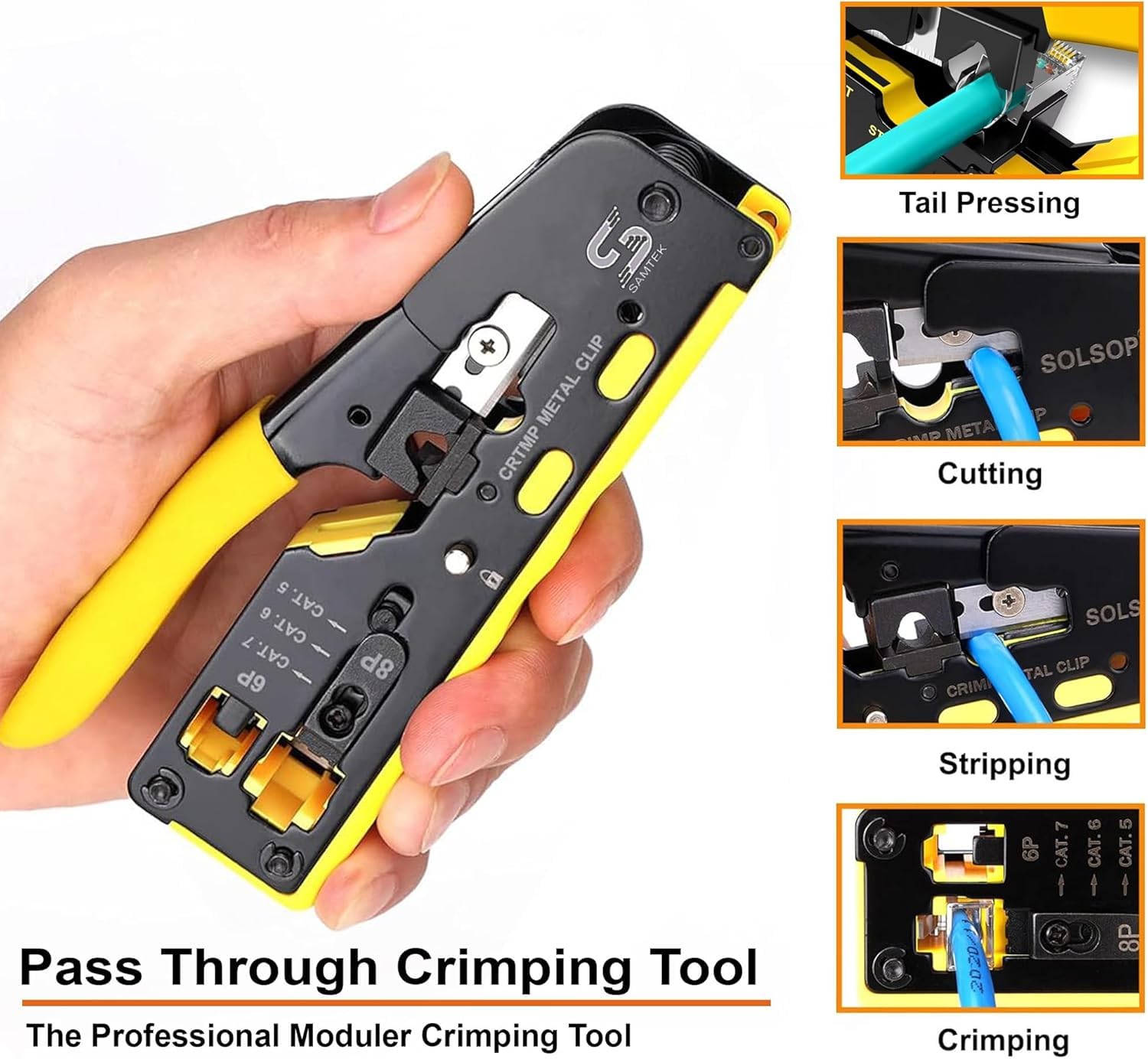 Pinza crimpatrice pass-through RJ45 con tester per cavi, crimpatrice Ethernet per connettori Cat5, Cat5e, Cat6, spellafili per cavi di rete, strumento di crimpatura per installazione LAN e riparazione