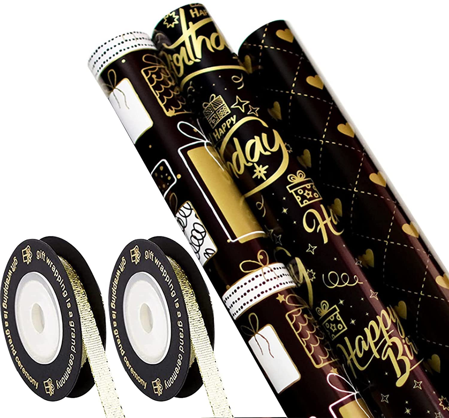 Gift Wrapping Paper Set 6 Sheets 3 Styles Happy Birthday Wrapping Paper Roll with 2 Rolls 5M Gold Silk Ribbon Black Gold Wrapping Paper Sheets 70 × 50cm