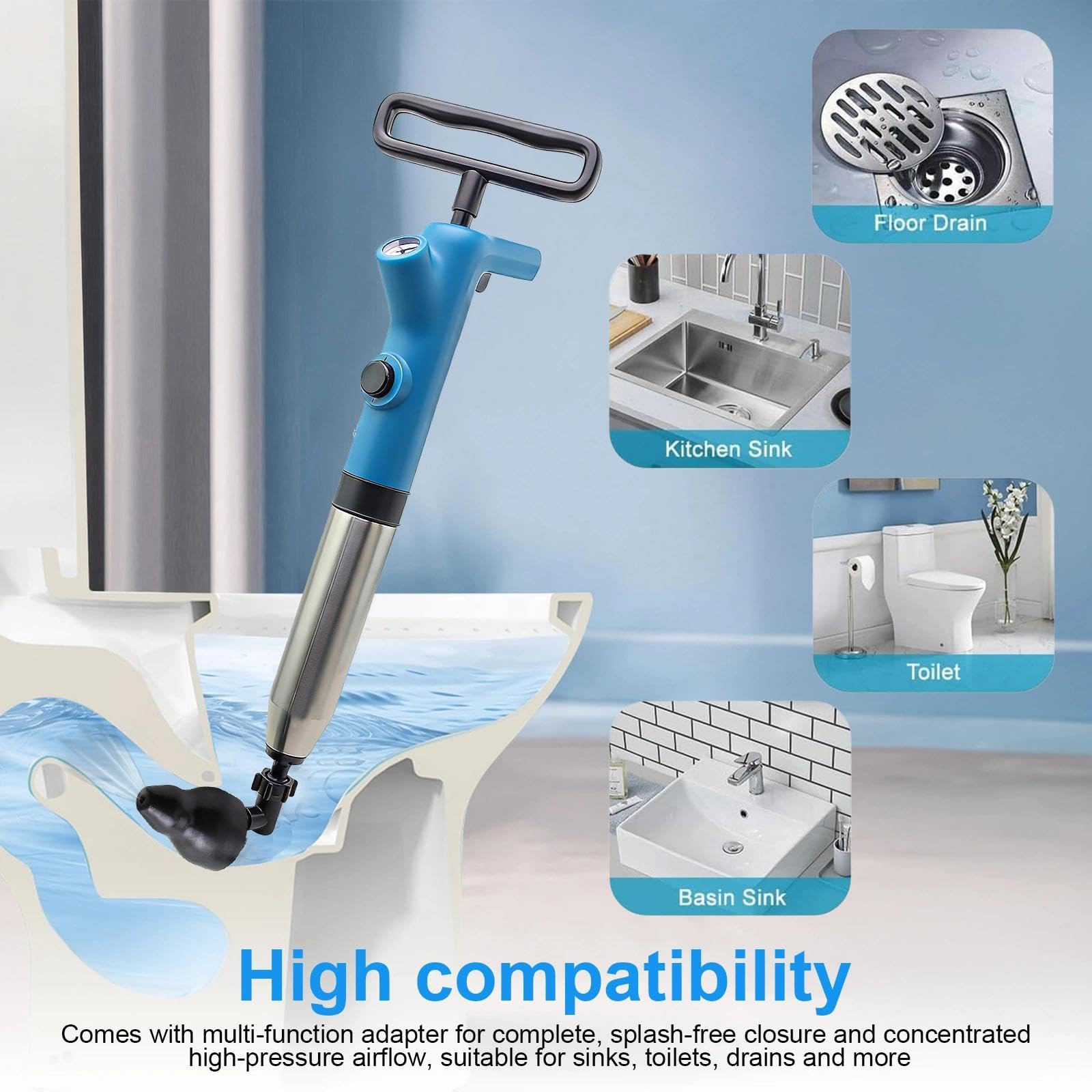 Rohrreinigungspumpe mit Manometer, Pressluft Rohrreiniger mit 2-Stufen-Drucksystem, Abflussreiniger Pumpe mit Adapter, Druckluft Rohrreiniger für Toilette und Abflussrohre