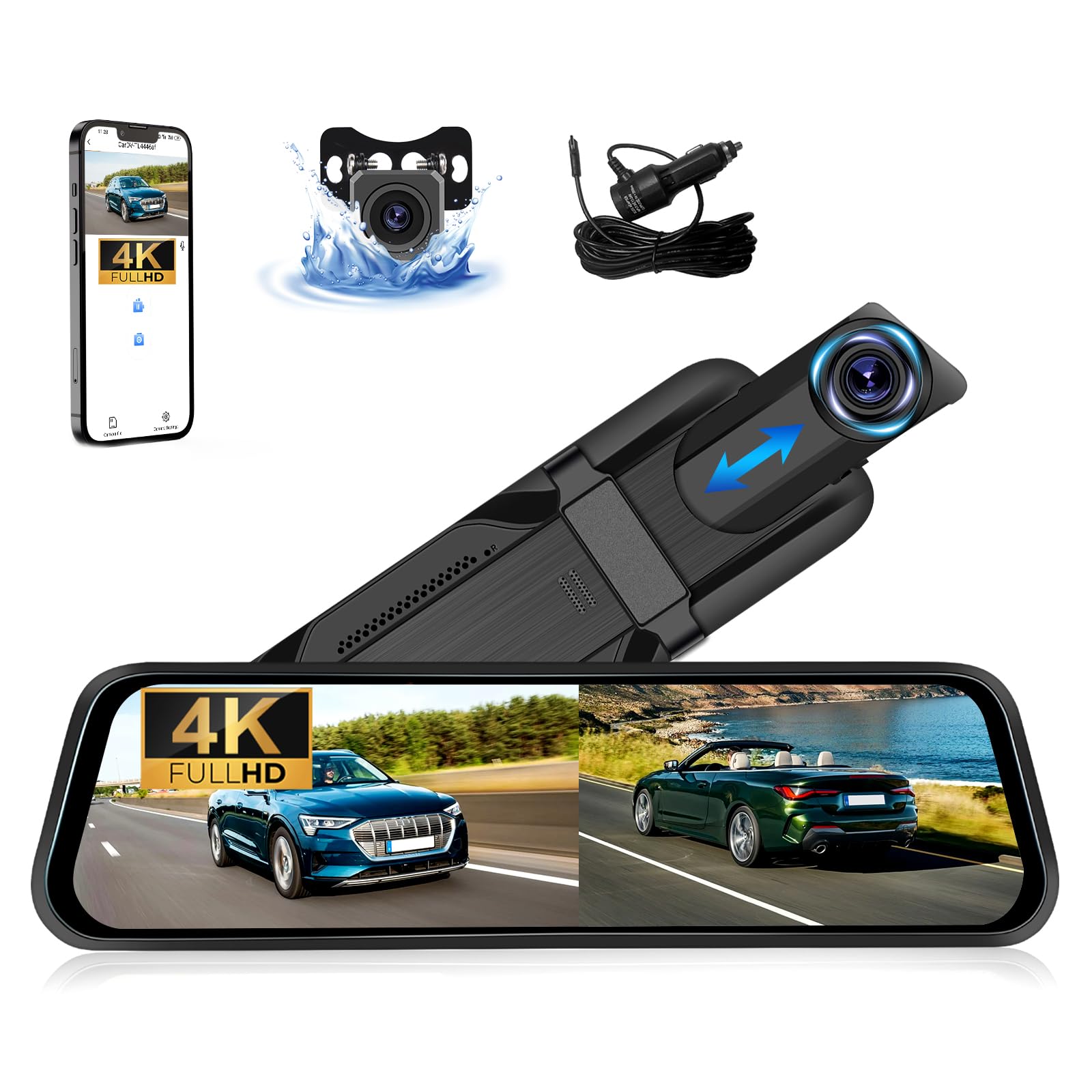 CAMECHO Retrovisor 9.66 Pulgadas 4K Mirror Dash CAM Coche con 1080P Cámara Trasero, Delantera 150° y Trasera Dashcam 120° con ADAS y BSD Línea Inversa, Visión Nocturna, Sensor G, WiFi
