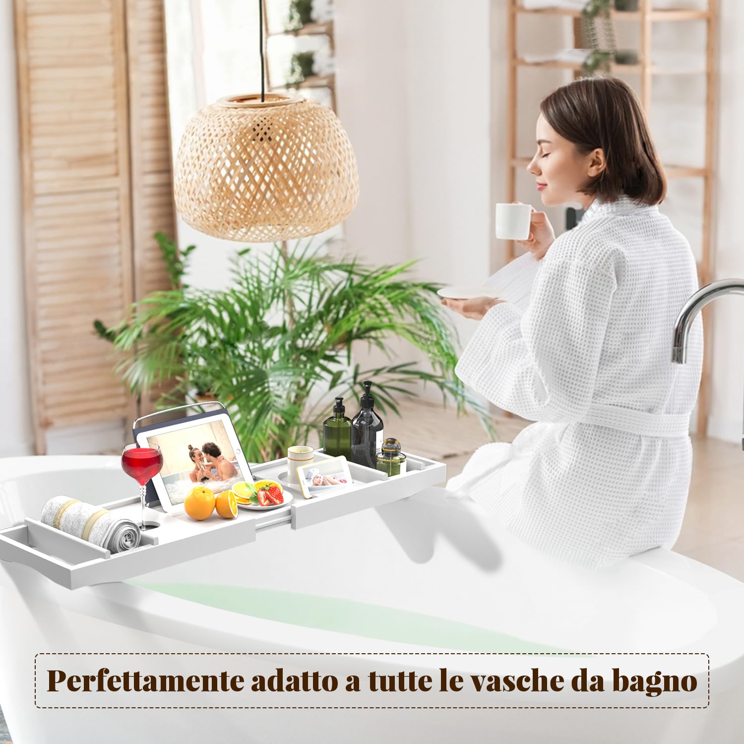 Vassoio Vasca da Bagno in Bambù, Regolabile per Vassoio da Bagno Portaoggetti, 75-109 x 23 x 4,5 cm, Si adatta alla maggior parte delle vasche da bagno Stabile e Antiscivolo, bianco