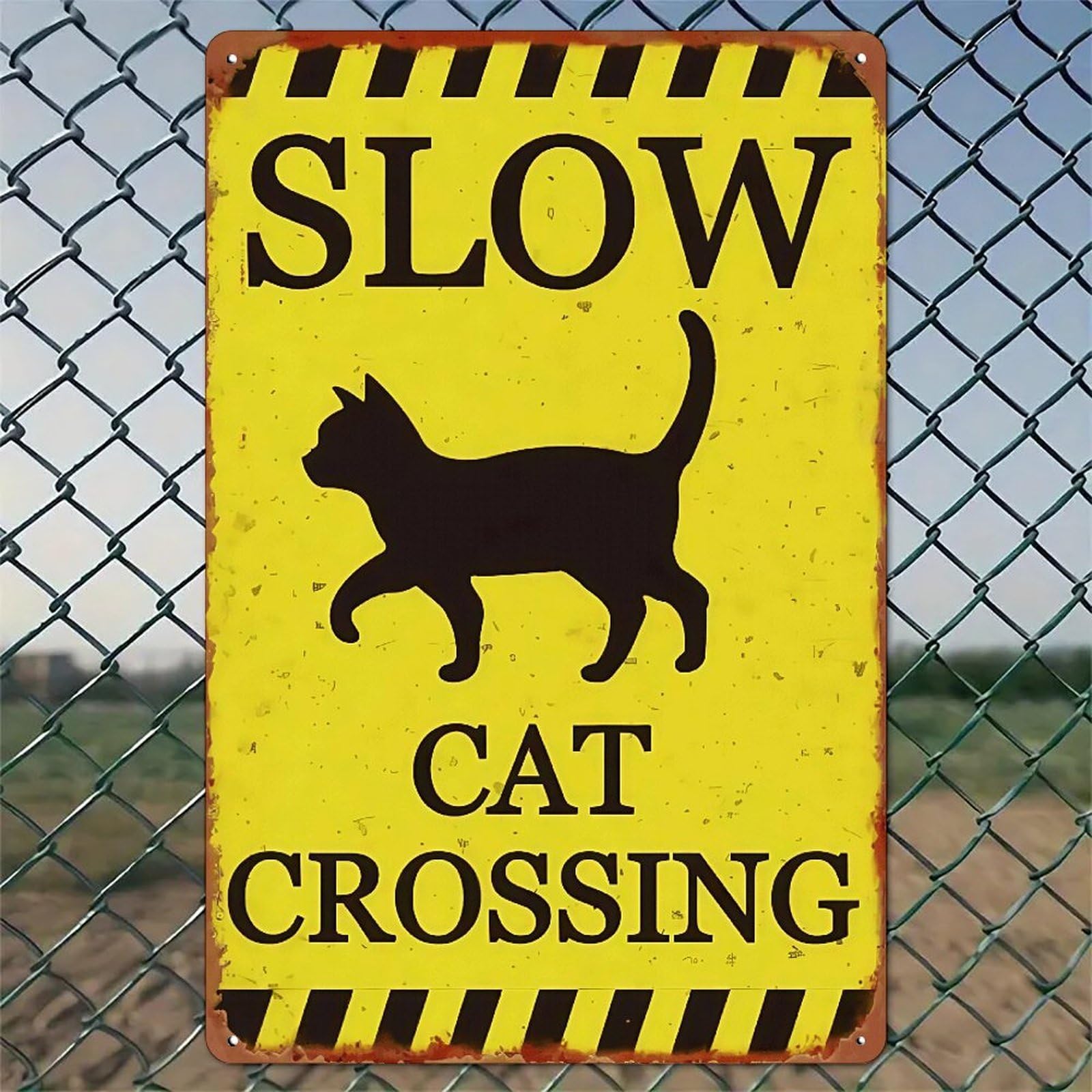 SLOW CAT CROSSING Rustic Aluminum Wall Art & Metal Tin Sign - 8x12in Vintage Indoor Outdoor Decor for Home, Office, Cafe, Yard & Farm
