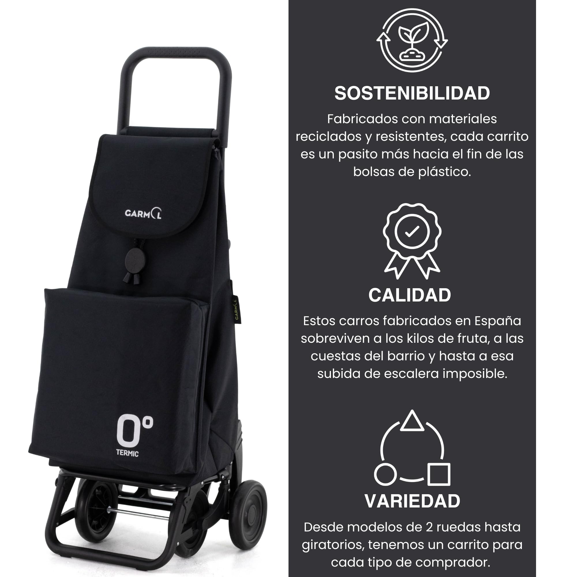 GARMOL Carro de la Compra Térmico Plegable 55 Litros |Bolsillo Térmico Interior de 11 Litros | Carro de la Compra 4 Ruedas Gran Capacidad | Carrito Compra Plegable Color Negro