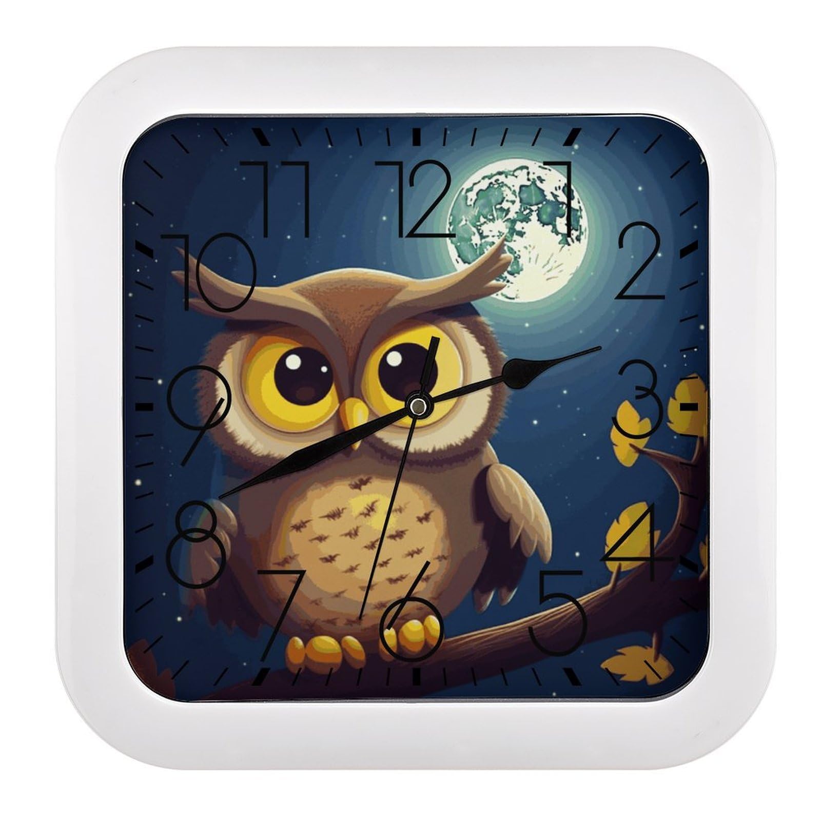 LDGSUPH Owl and Yellow Moon Wall Clock Silent Non-Ticking Modern Clock Personalized Vintage Square Clocks for Travel Office Kitchen Home Decorative Clocks 10.2 Inch