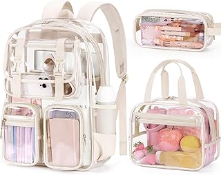 Fimibuke Clear Backpack for Girls - 3 PCS Heavy Duty Kids Clear Bags Beige