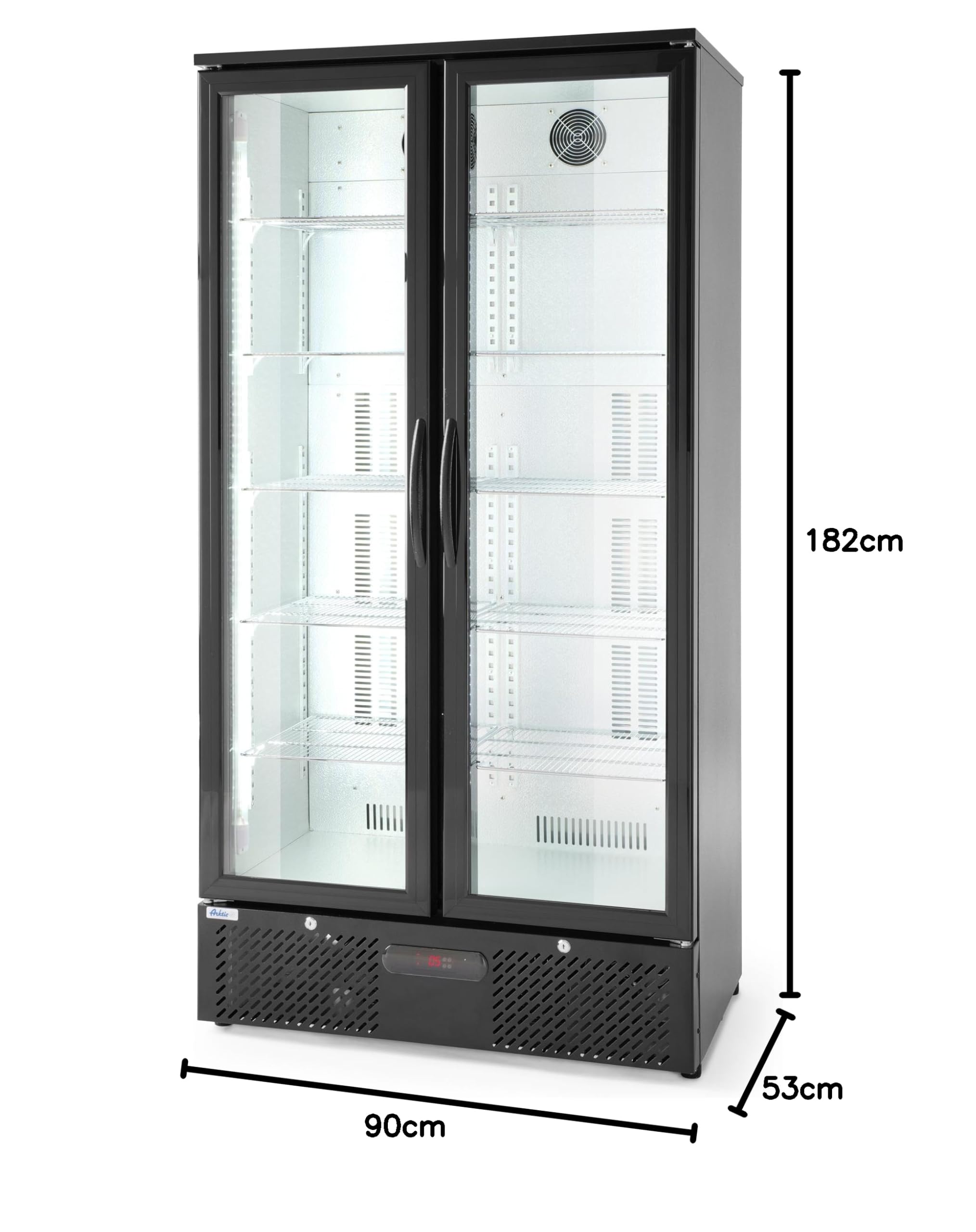HENDI Refrigerador para bebidas Arktic, botellero vertical de bar, 2 puertas, 384L, 0–10°C, 220V, 365W, 900x530x(H) 1820mm, acero con recubrimiento en polvo negro