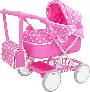 Dolly Tots Junior Pram | Childrens Pushchair With Matching Changing Bag & Adjustable Hood | Pink Dotty Print Pram | Under-seat Storage Travel System For Children | Pushchair & Pram Toys For Kids 3+