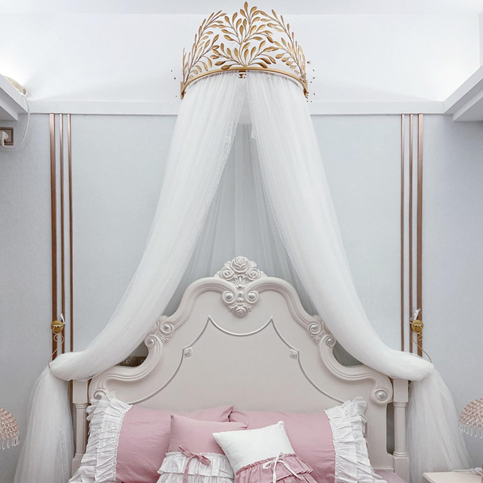 SDCGB Princess Bed Canopy for Girls & Adults, Elegant Double Layer Bed Curtain Princess Crown Mosquito Netting for Room Décor, White