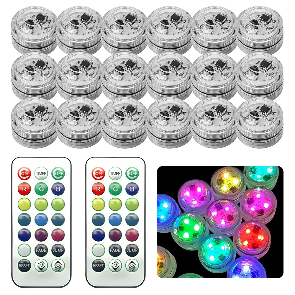 Mini Unterwasser Licht, 20 Stück LED Teelichter Bunt mit 2 Fernbedienung, Mehrfarbige Teichbeleuchtung, Mini Unterwasser Led Licht, Pool Beleuchtung für Aquarium Badewanne Pool Garten Party