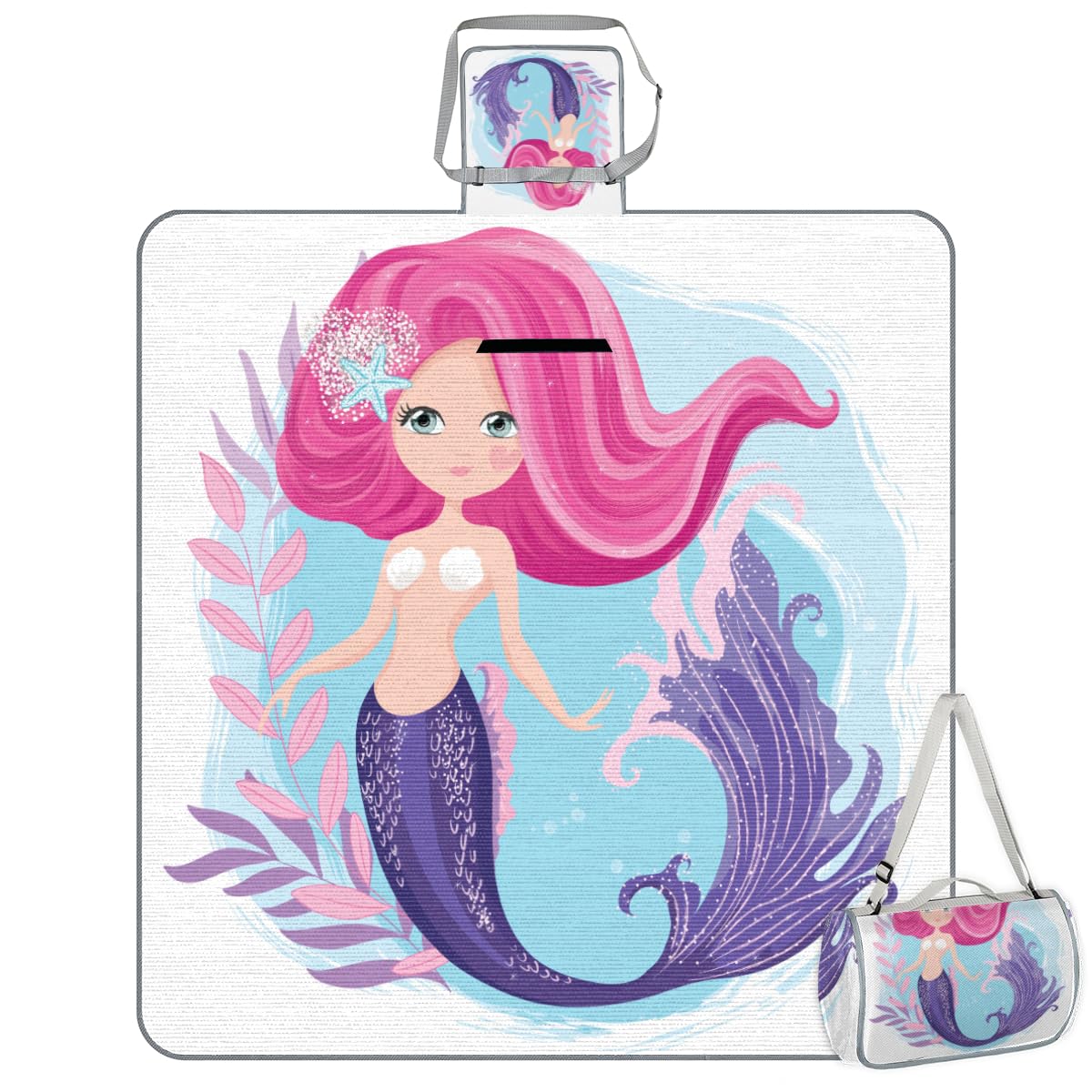 Shimoshe Picnic Blankets 57”x 59”, Cute Cartoon Mermaid Waterproof Sandproof Picnic Mat Lightweight Foldable Beach Blanket for Camping Park Grass Beach Outdoor Blanket