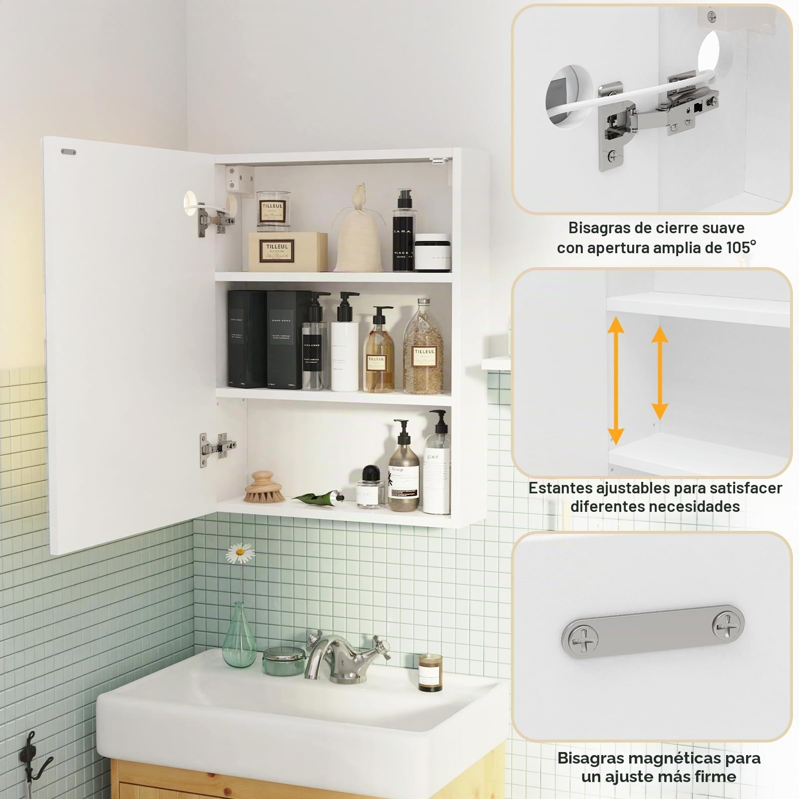 Pipipoxer armario con espejo de baño iluminado y desoxidación, estantes de almacenamiento, 60 x 80 x 15 cm, baño, espejo colgante, 3