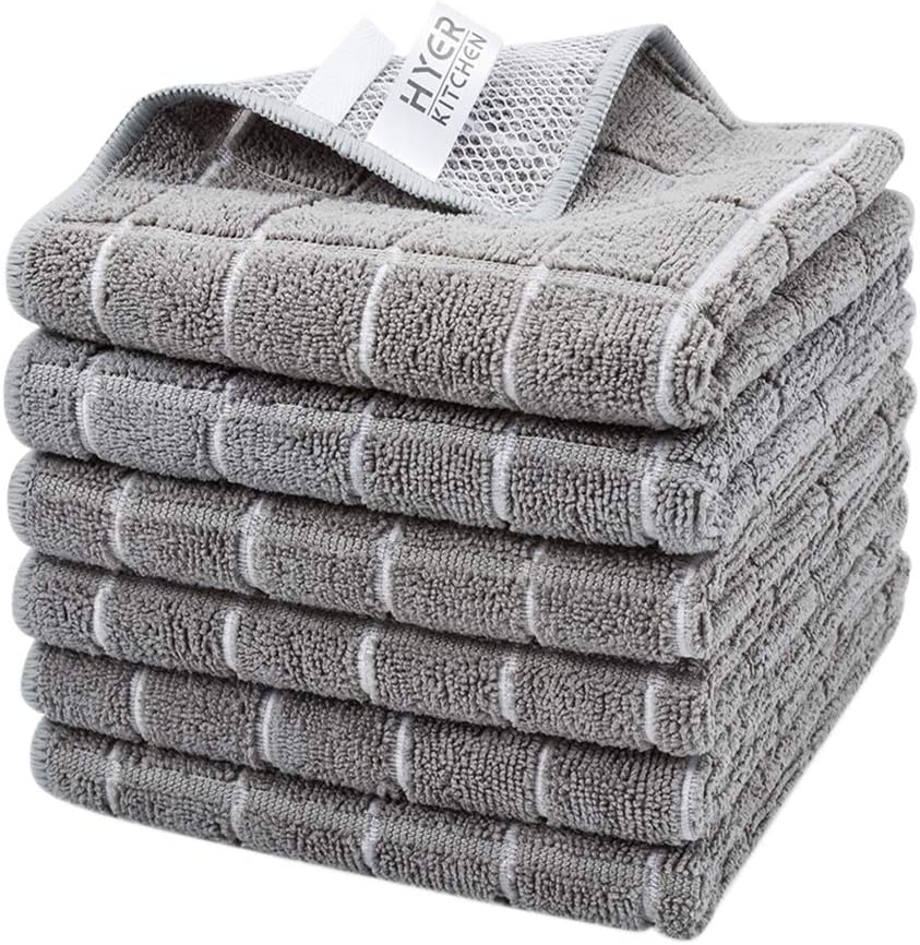 HYER KITCHEN Microfiber Kitchen Rags, Cleaning Cloth for Dishes, Absorbent and Lint Free Household Dish Rags with Scrub Side, 6 Pack Size 13.8ââ‚¬Â X 13.8ââ‚¬Â, Washing Dishes Fast Drying
