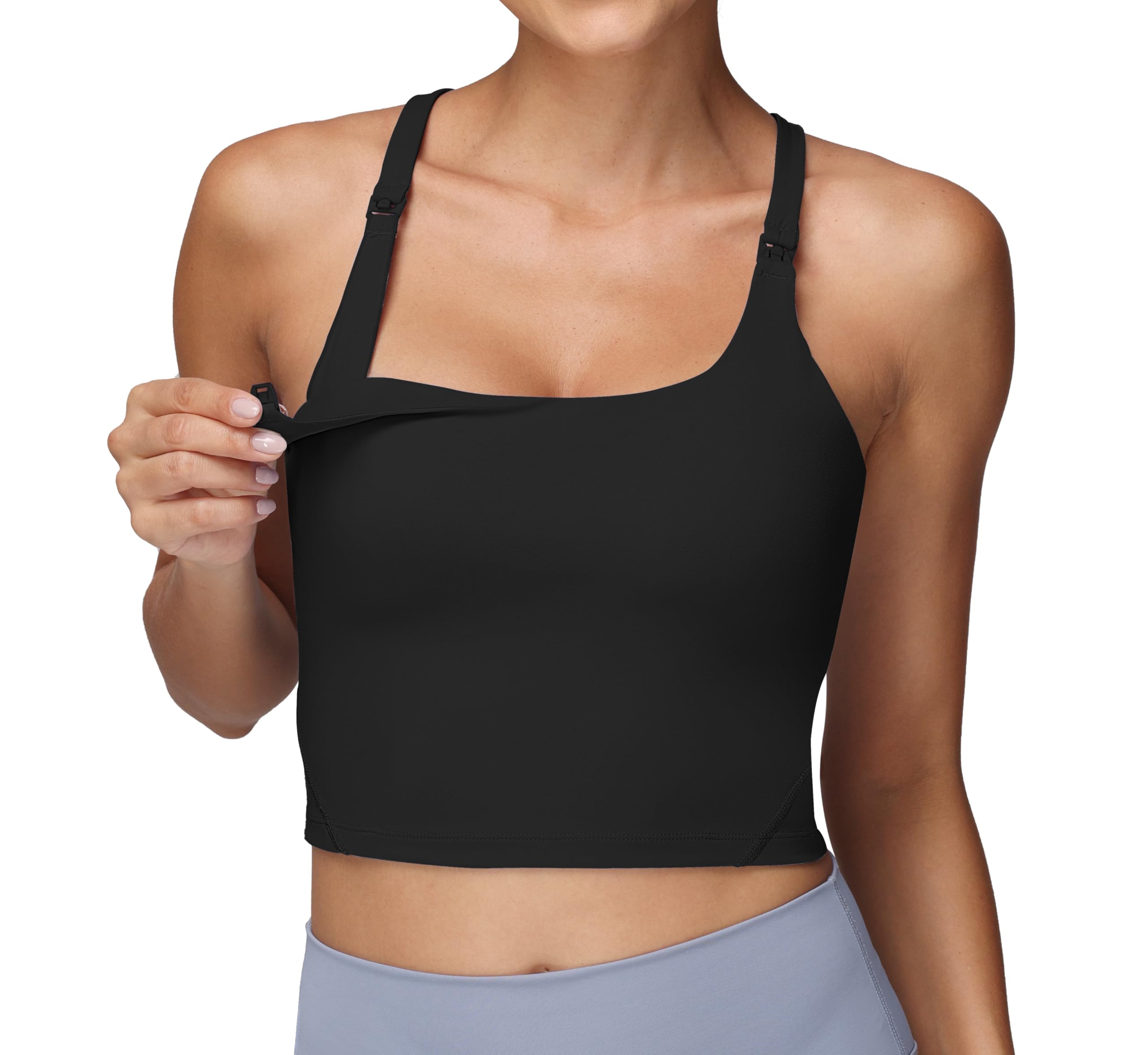 Photo 1 of Foucome Nursing Tank Tops for Breastfeeding Y-Back Racerback Longline Maternity Sports Bra Workout Crop Top (Black, M)
