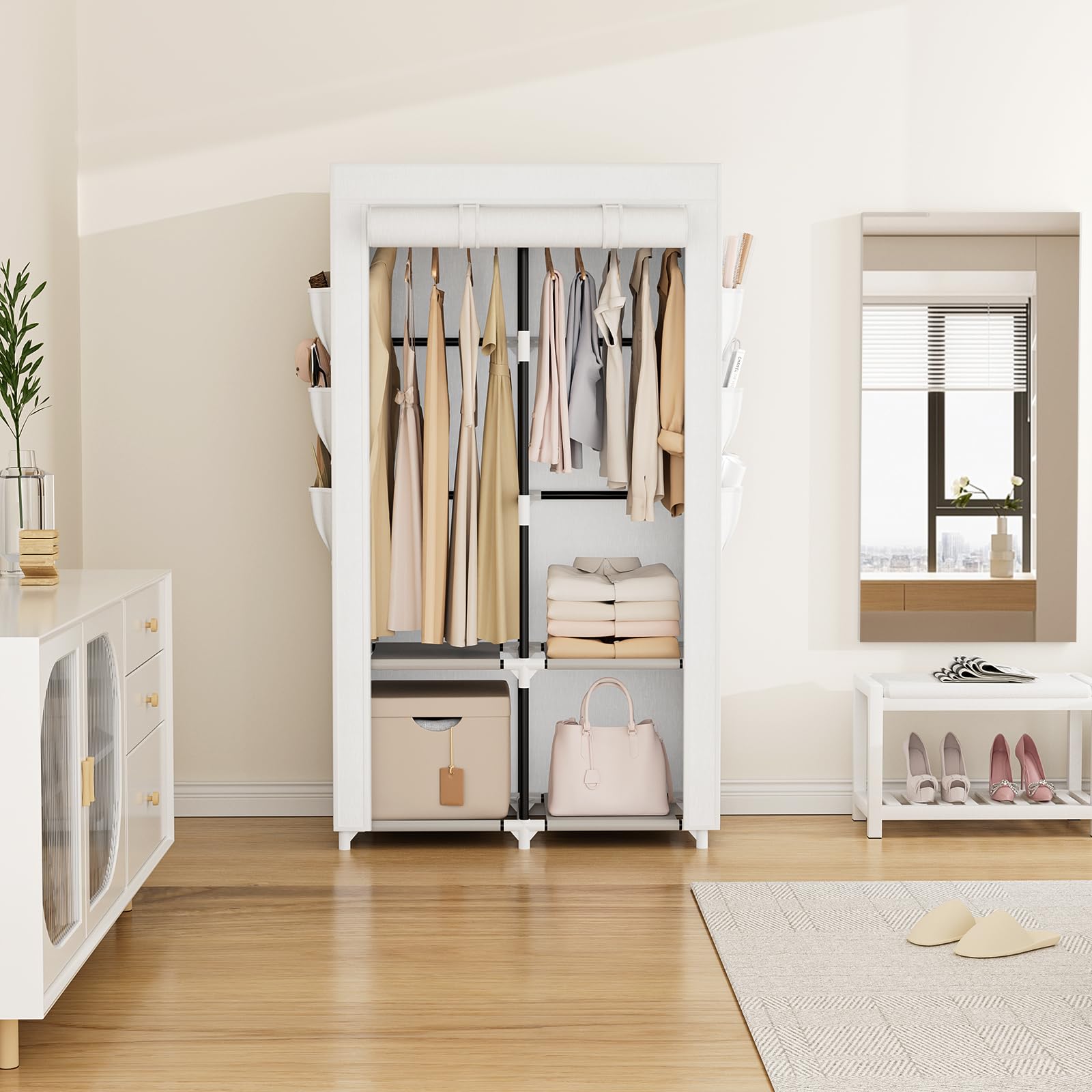 Vicye Armario De Tela, Ropero Portátil para Ropa con 2 Barras Colgantes, 4 Estantes Y 6 Bolsillos Laterales, Armario Portatil Ideal para Dormitorio, Vestidor, Salón, Blanco (90 x 45.5 x 172 cm)