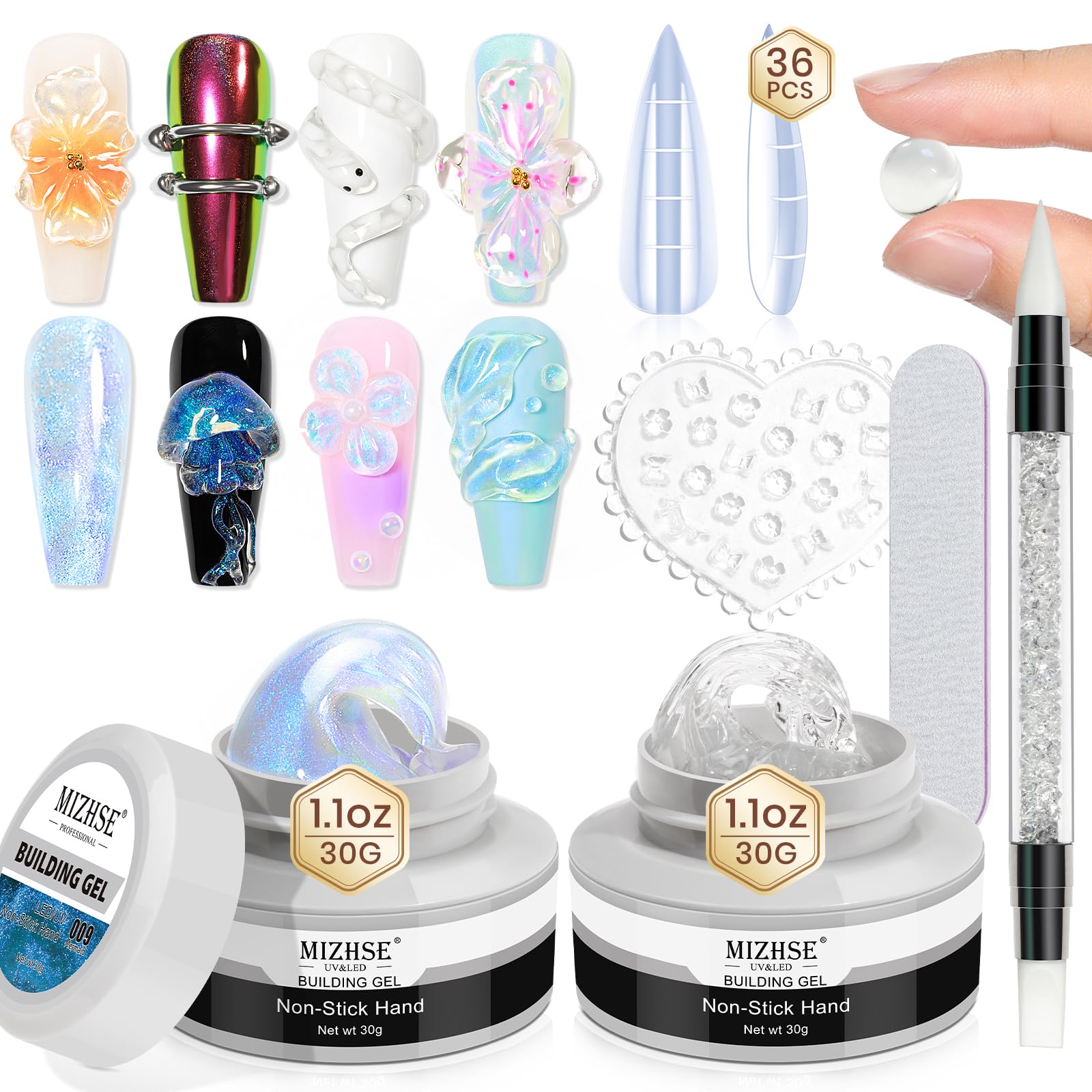 MIZHSE 2PCS Solid Builder Gel for Nails Kit: 30g/1oz Clear & Aurora Hard Gel for Nail with Nail Forms 3D Silicone Mold Soak off U V Builder Extension Gels for Women