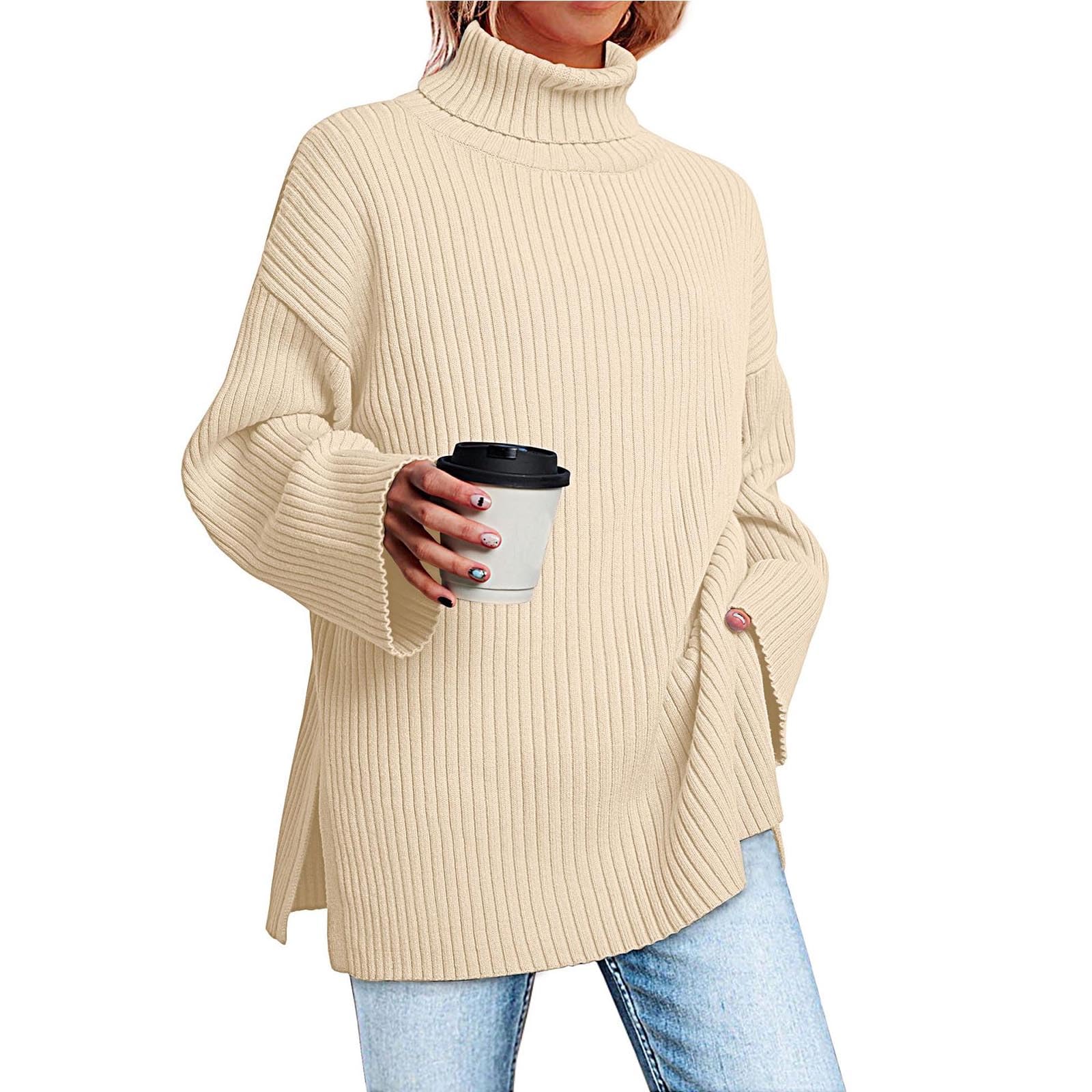 Greabuy Maglione a collo alto oversize alla moda da donna maglione a costine felpa per donna maglione casual camicie da donna maglioni da donna felpe leggere in maglia, Albicocca, L