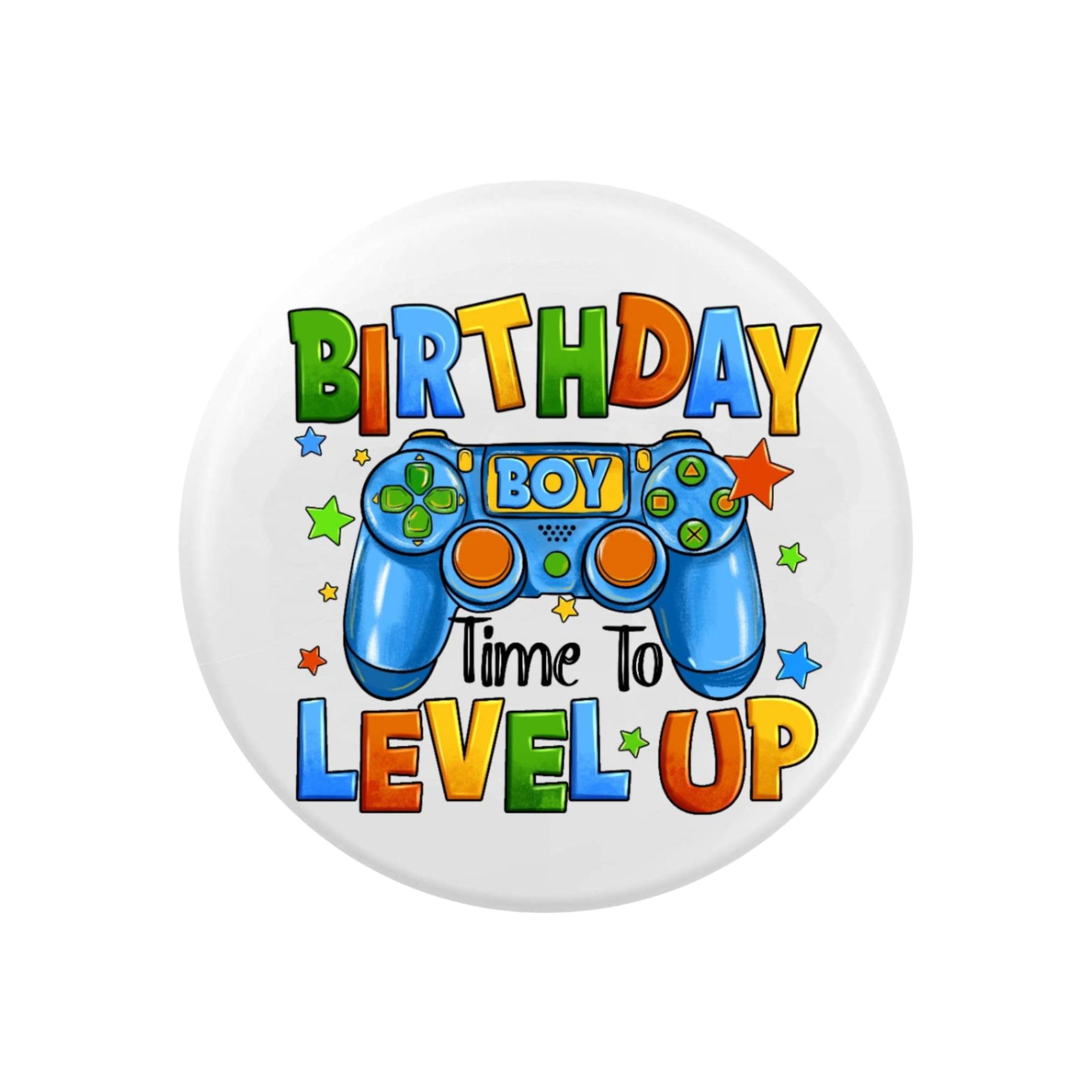 Birthday Boy Badge 75mm– Gamer Level Up Birthday Badge for Boys, Gaming Party Accessories, Colourful Controller Design, Birthday Outfit Badge Gift for Kids Son, Large Pinback Button (75mm)