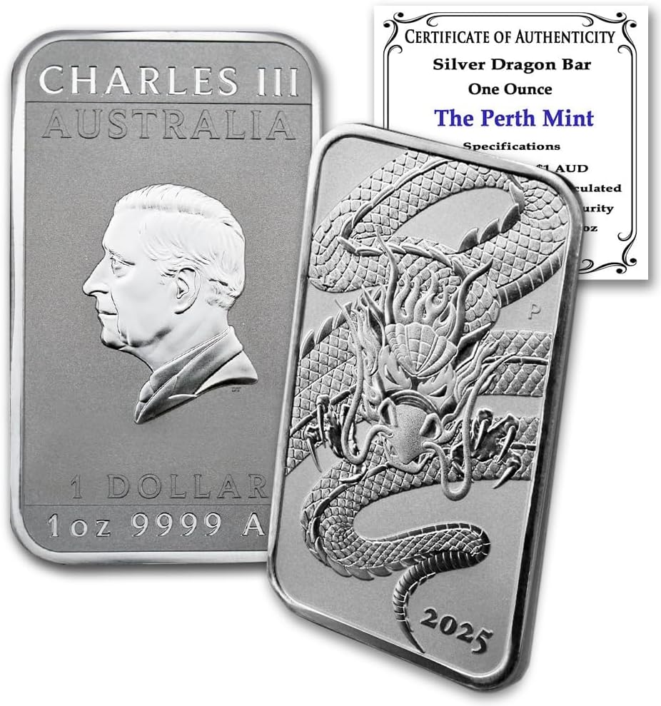 2025 P 1 Troy Ounce Australian Silver Dragon Rectangular Bar Coins Brilliant Uncirculated with Certificates of Authenticity $1 Seller BU