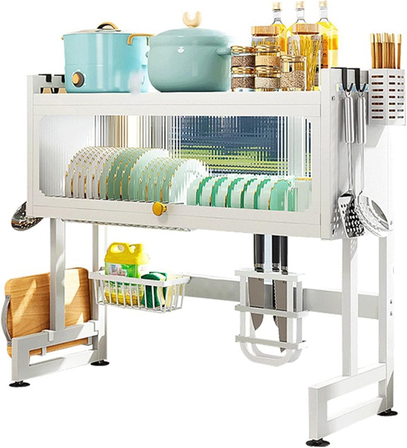 MYUYEE Large 2 Tier Over Sink Dish Drainer Rack Space Saving Kitchen With Lid Multi Functional Spice Shelf Sturdy Utensil Holder(White-85 * 30 * 80Cm)