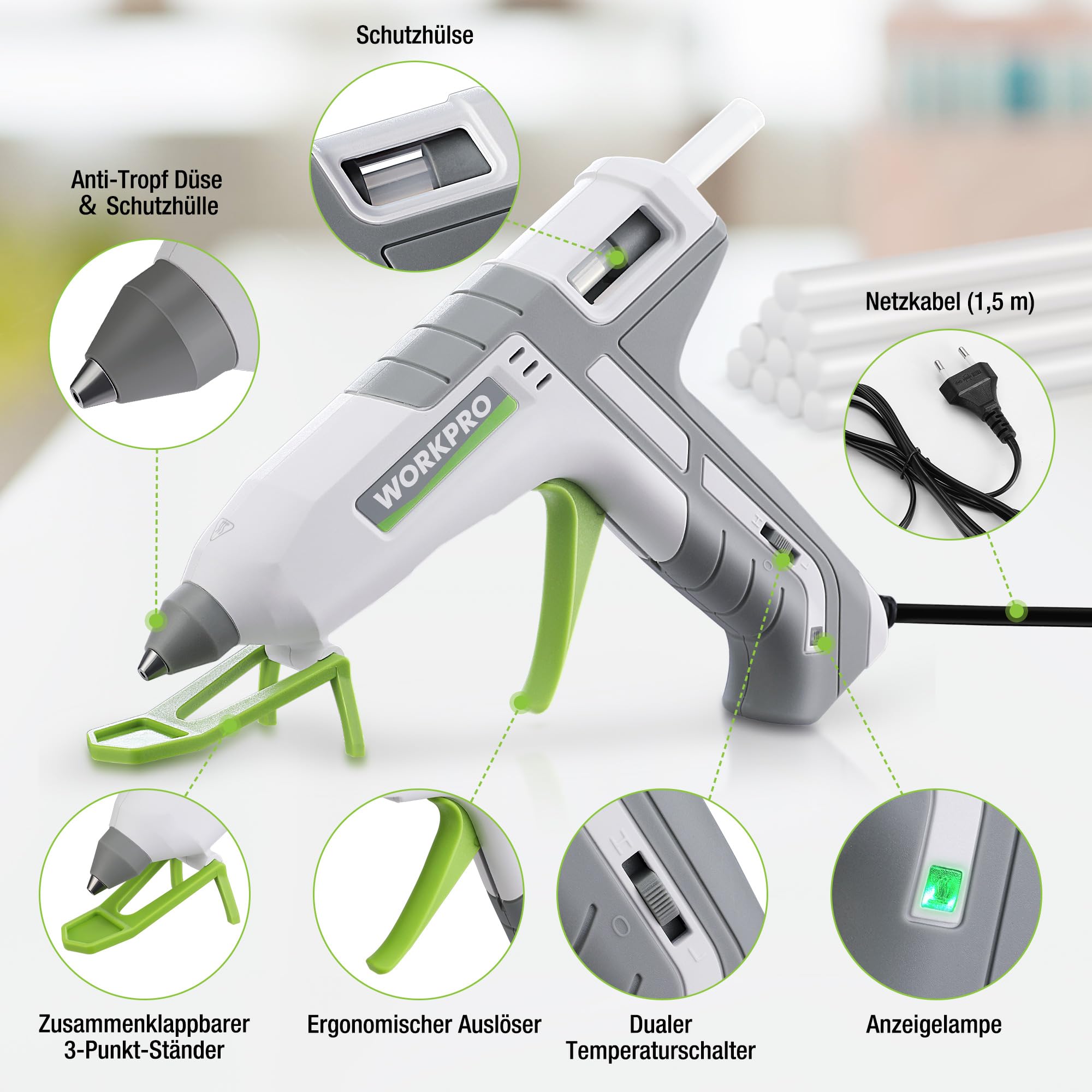 WORKPRO Heißklebepistole, 60/100 W Klebepistole mit 10 Heißklebesticks, Zwei Heizmodi, Schnelle Verklebung 9-12 g/min, 90s Schnellvorheizung, 3-Punkt-Halterung, für DIY und Reparaturen, Grau&weiß