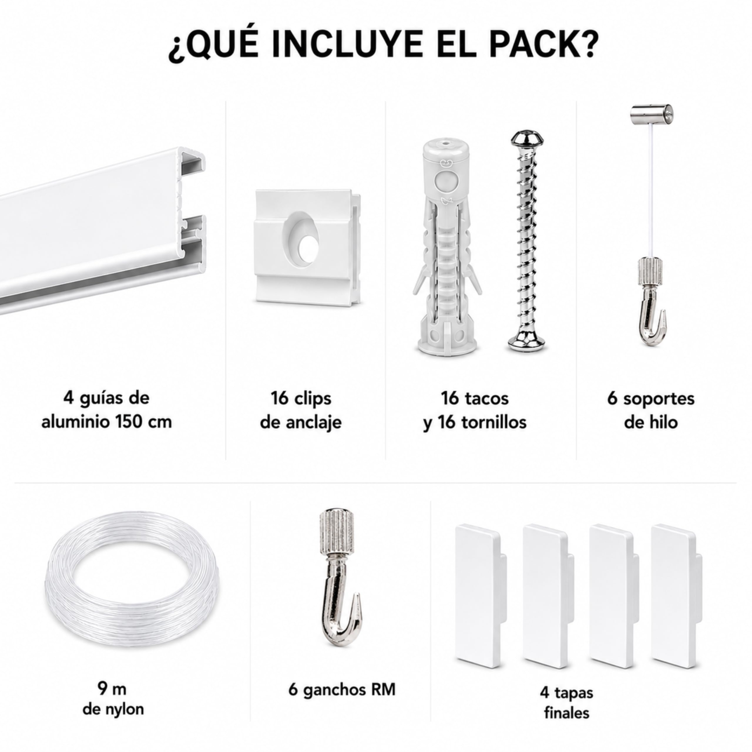 riel colgar cuadros pack 6 metros Eurohang guías aluminio Blanco mate 150 cm con 6 colgadores FAST nylon clips tapas tornillos