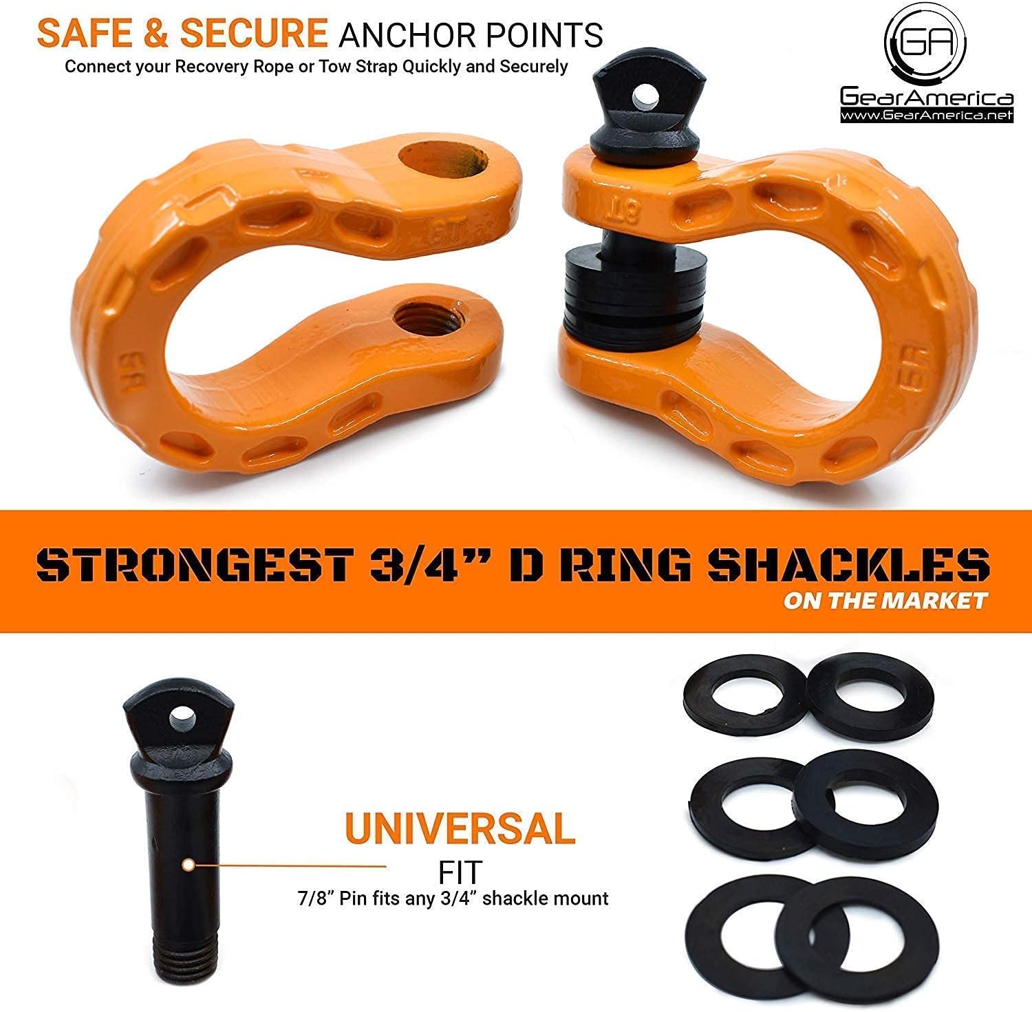 GearAmerica Mega Shackles Orange (2PK) + Mega Shackles Isolators (2PK)