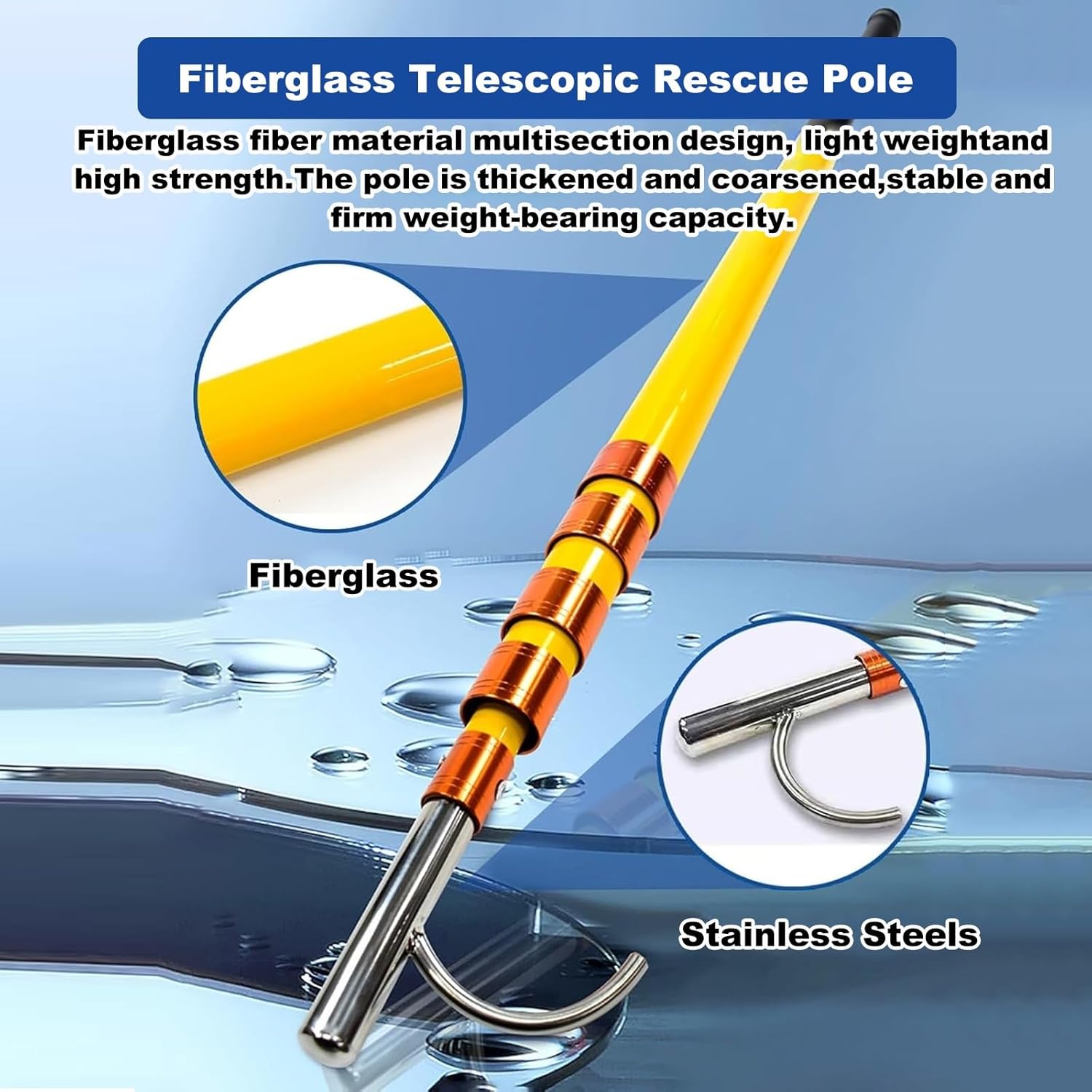 Multipurpose Pool Tool Pole-4m,5m,6m,Lightweight Telescopic Extension Pole with Practical Hook,Fiberglass Pool Pole with Stainless Steel Hook,Suitable for Water Park,Seaside