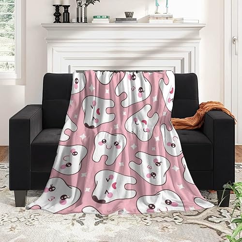 Manta de viaje rosa con dientes dentales para niñas y niños, manta de felpa cálida para viajes, perfecta para otoño, invierno y primavera